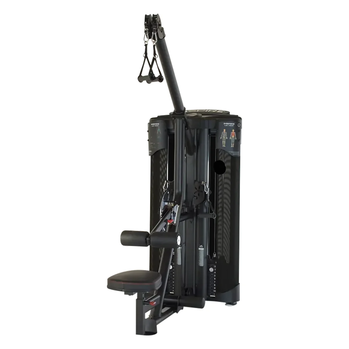 Een grote, zwarte fitnessmachine met een zitje en diverse hulpstukken, voor krachttraining.