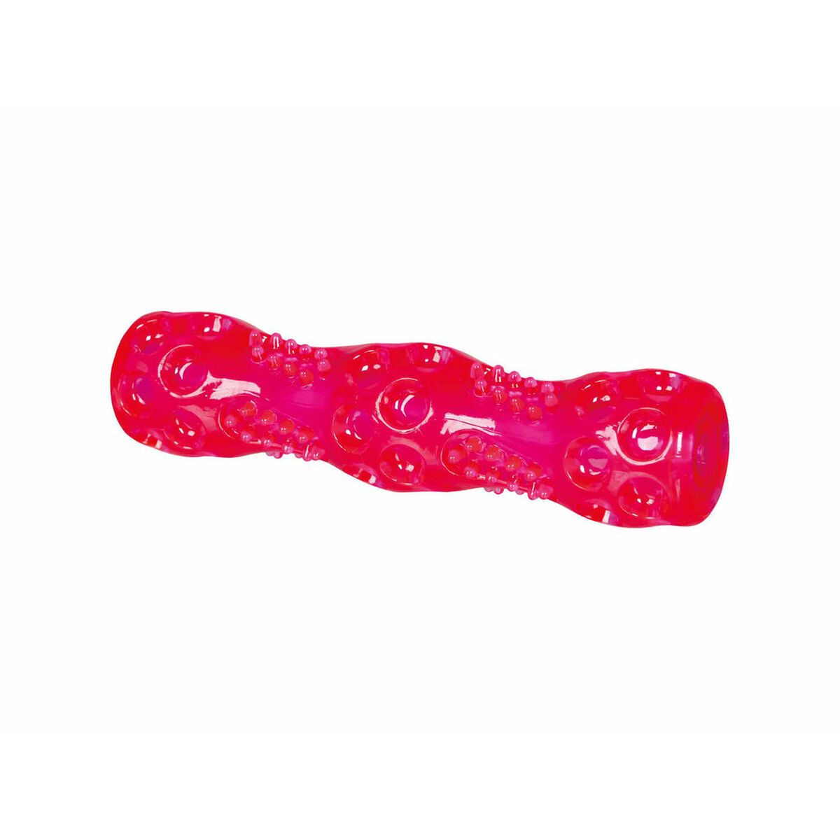 Giocattolo per cani rosso. Forma cilindrica con protuberanze. Aspetto rosa e strutturato.