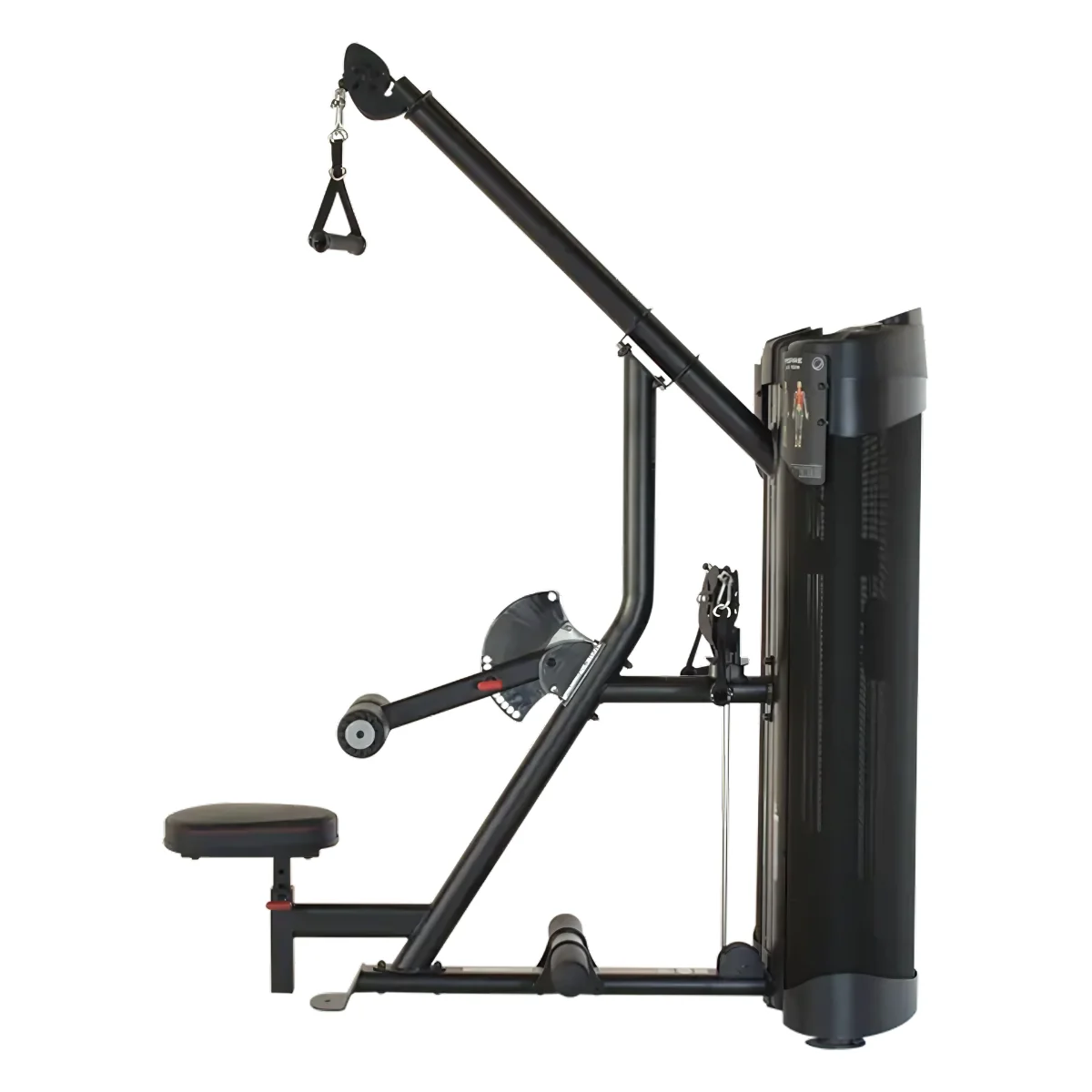 Een zwarte gewichts machine met een zitje en een stang. Het is een fitnessapparaat.