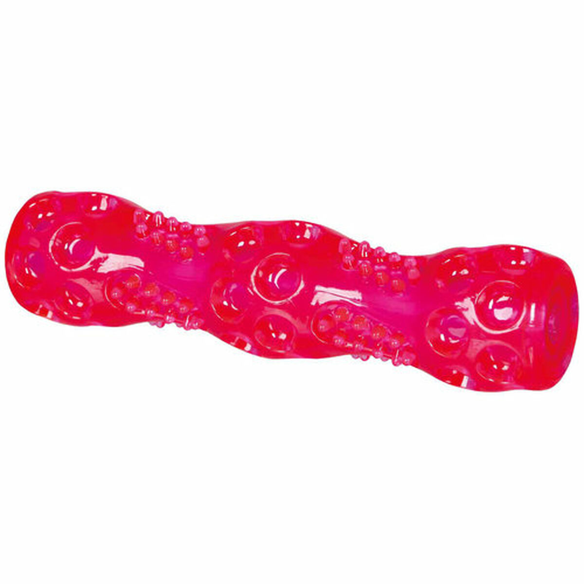 Un giocattolo rosa per cani da masticare. Ha una forma ondulata con protuberanze e fori, su una superficie bianca.