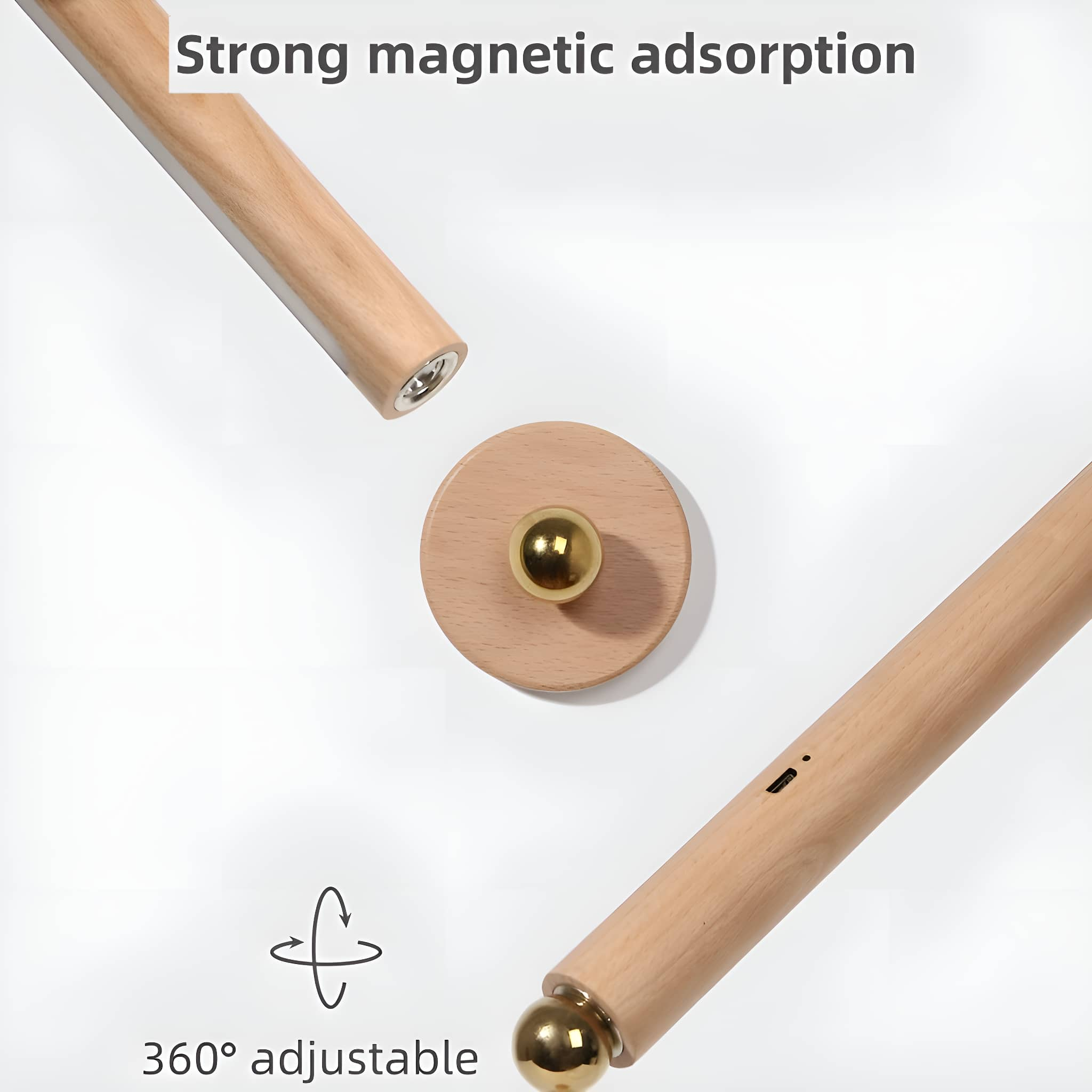 Magnetische Holzstrukturen mit goldener Kugel und Text: 360° verstellbar, Starke Magnetadsorption.