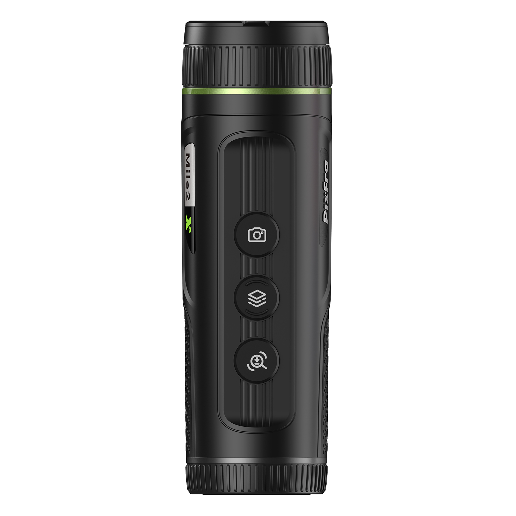 Un monocular negro con un anillo y botones verdes, mirando al espectador.