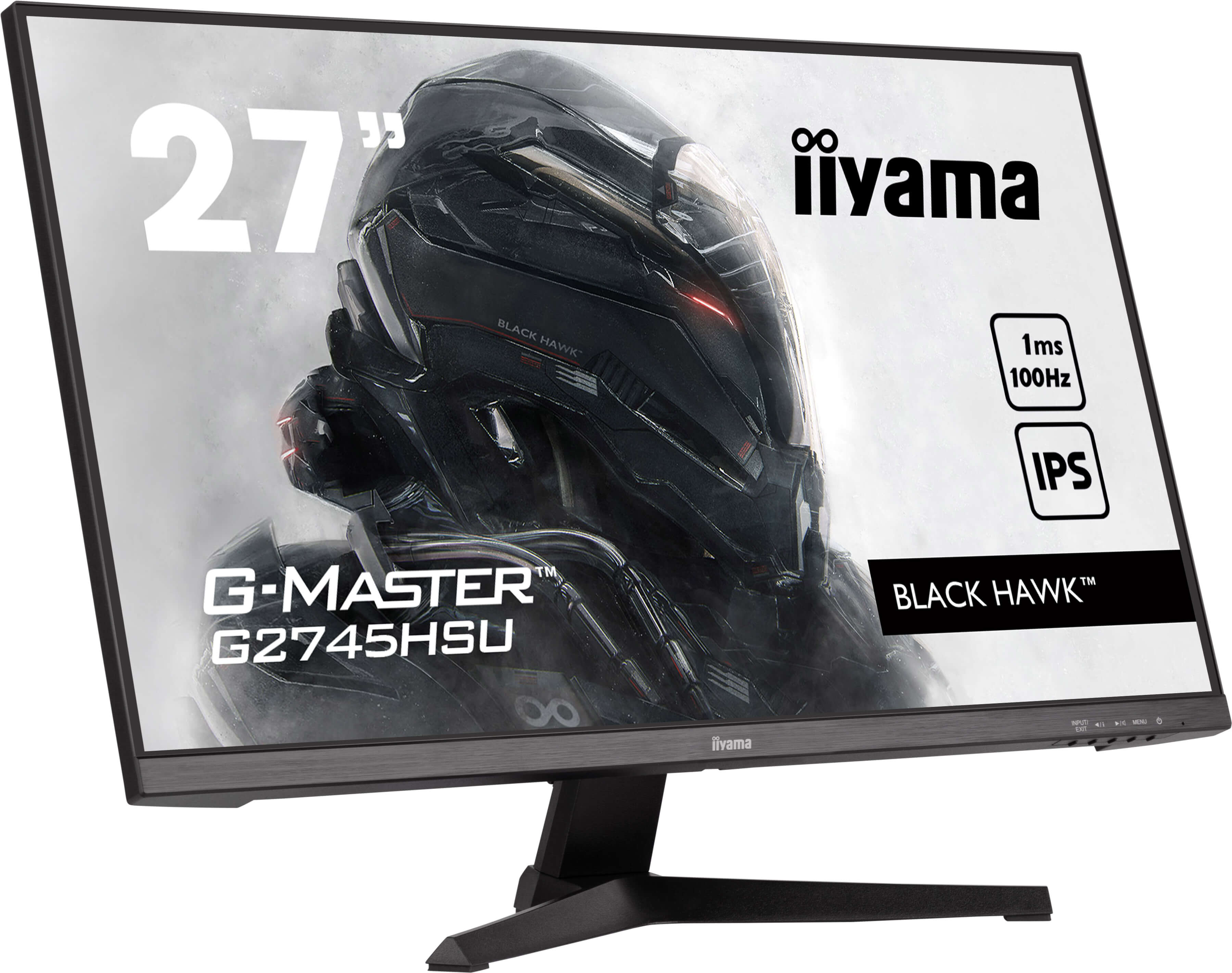 Monitor gaming de 27 pulgadas con marco negro, mostrando imagen futurista y especificaciones.