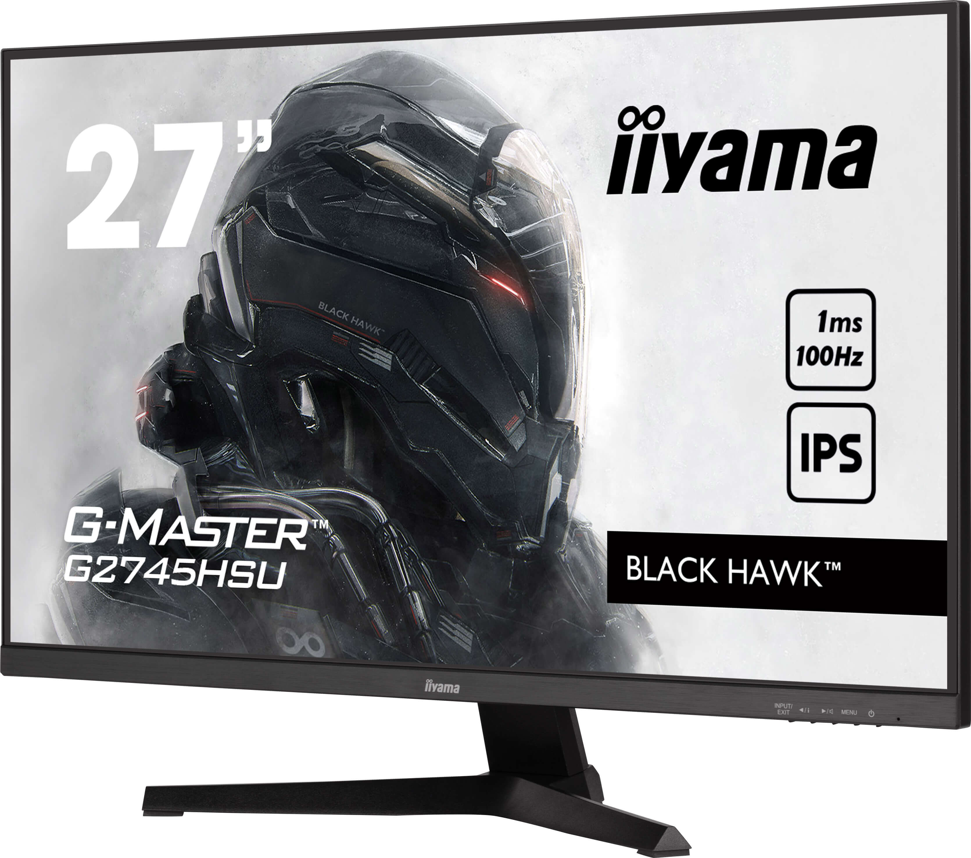 Monitor negro de 27 pulgadas con interfaz de juego y pantalla IPS.