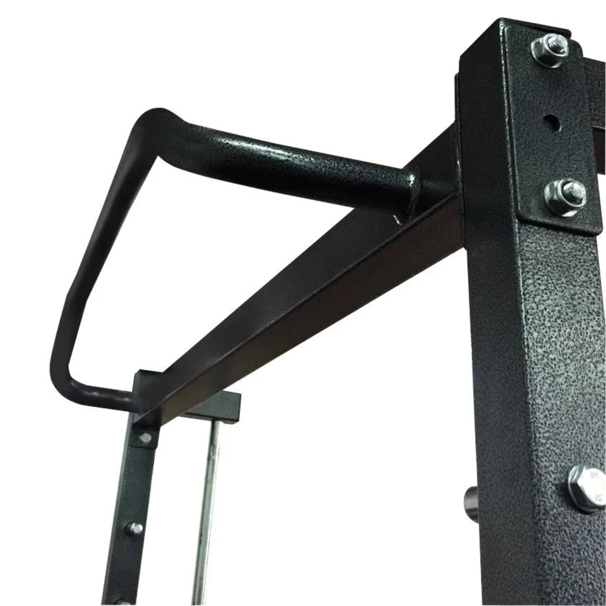 Close-up van een zwarte optrekstang met zwarte steunstangen. Het frame is zwart.