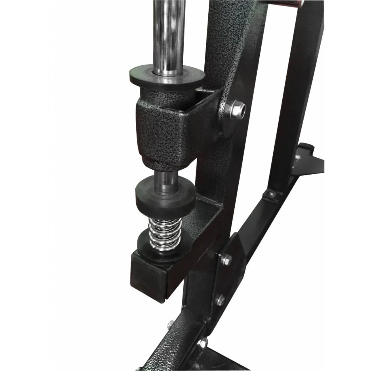 Zwarte metalen machine met veer en cilinder. Witte achtergrond.