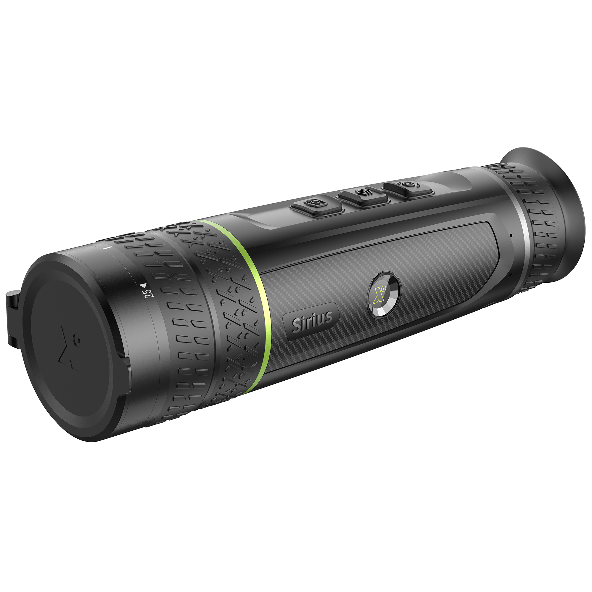 Dispositivo cilíndrico negro con acentos verdes, etiquetado 'Sirius'. Tiene botones y una lente.