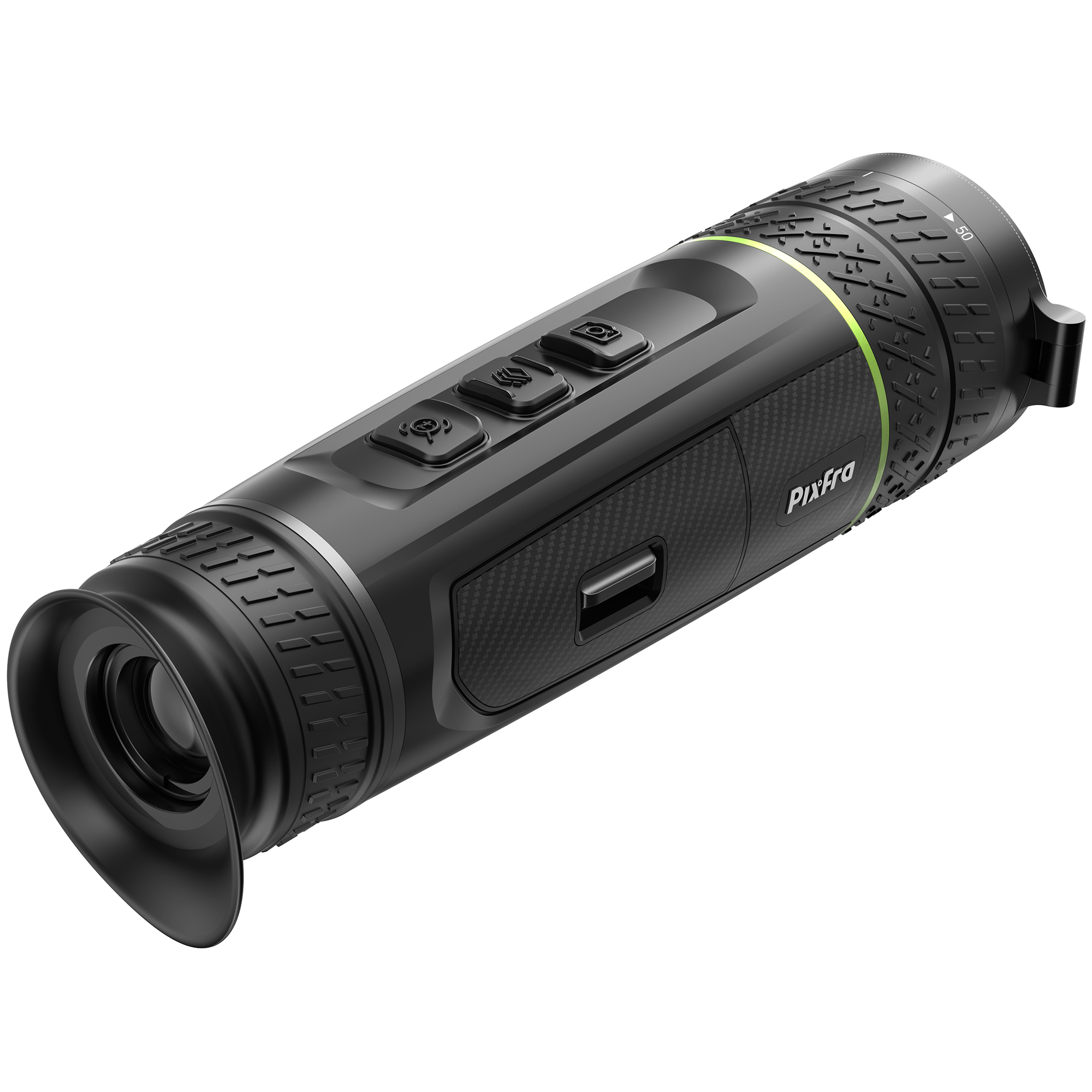 Un monocular Pixfro negro con botones y un acento verde.