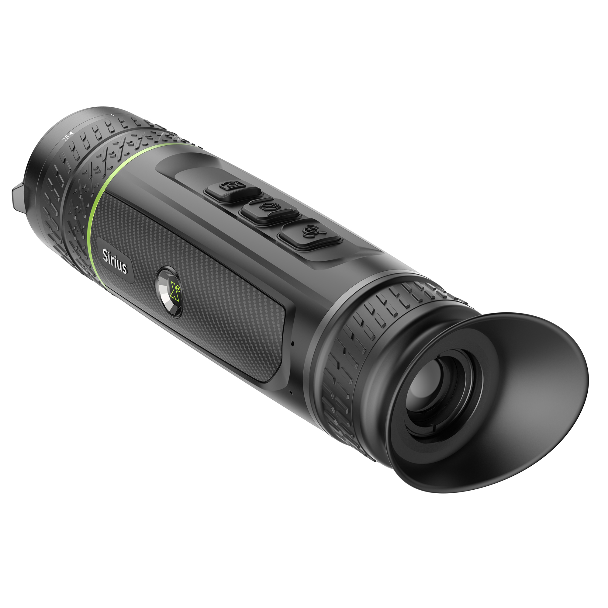 Monocular térmico Sirius negro y gris con acentos verdes, sobre fondo blanco.
