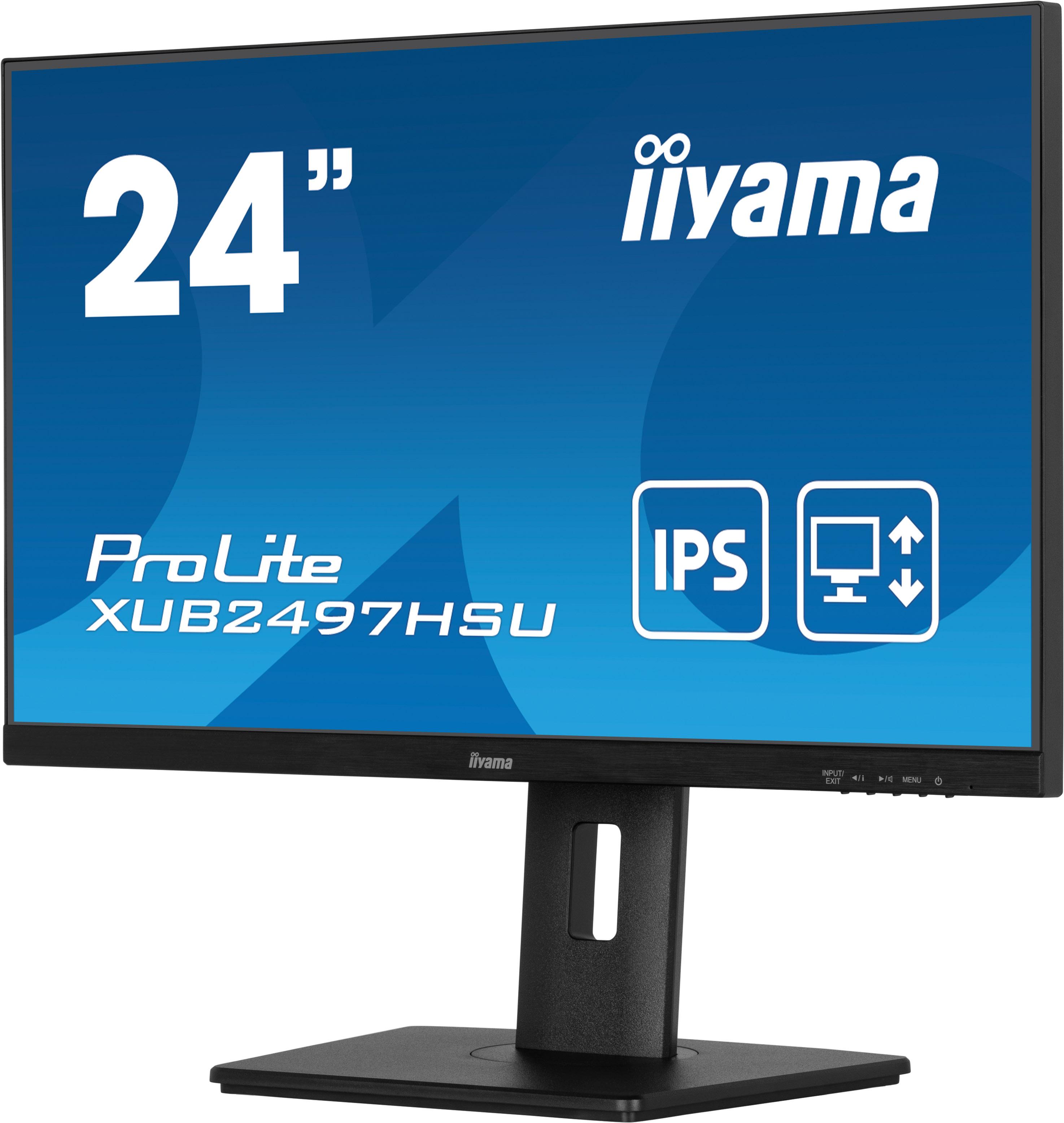 Czarny monitor Iiyama 24" z niebieskim ekranem, białym tekstem i czarną podstawą. Podstawa jest kwadratowa.