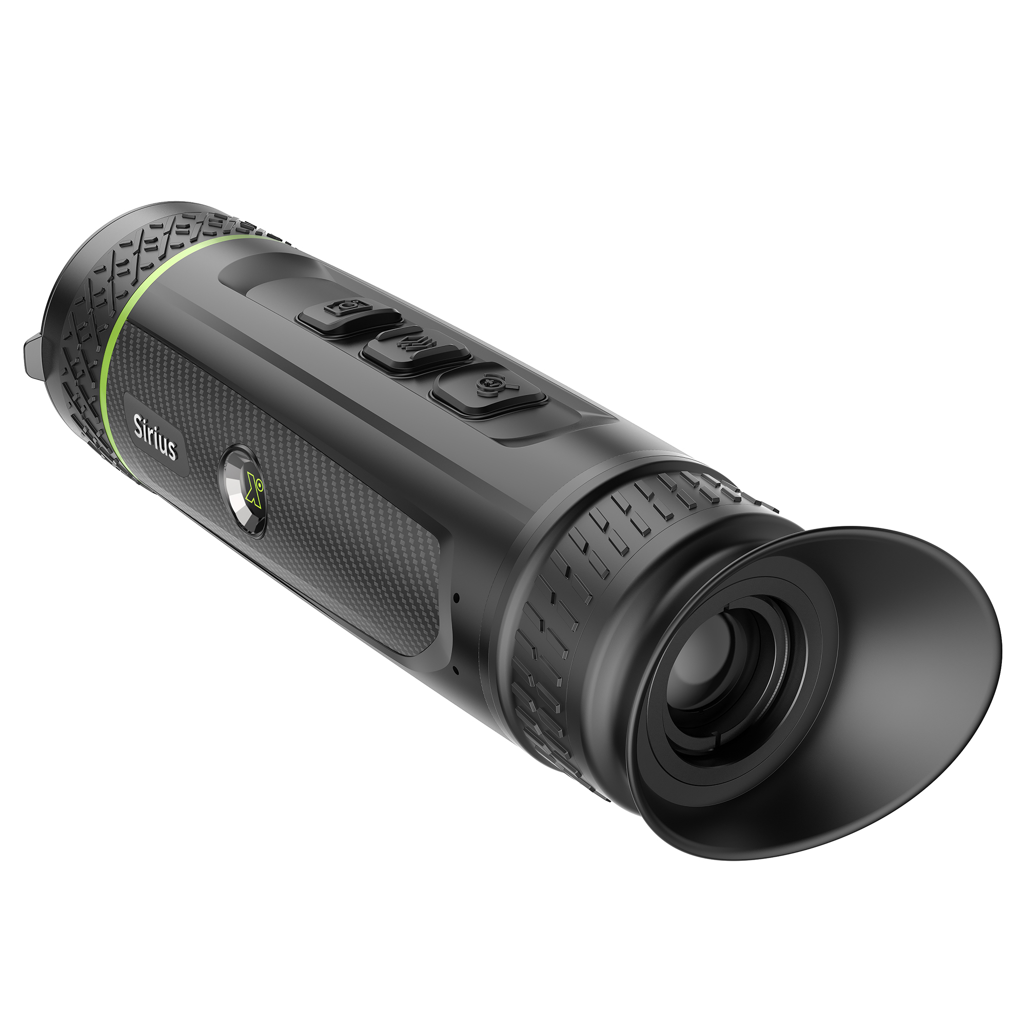 Monocular negro y gris con detalles verdes, contra fondo blanco.