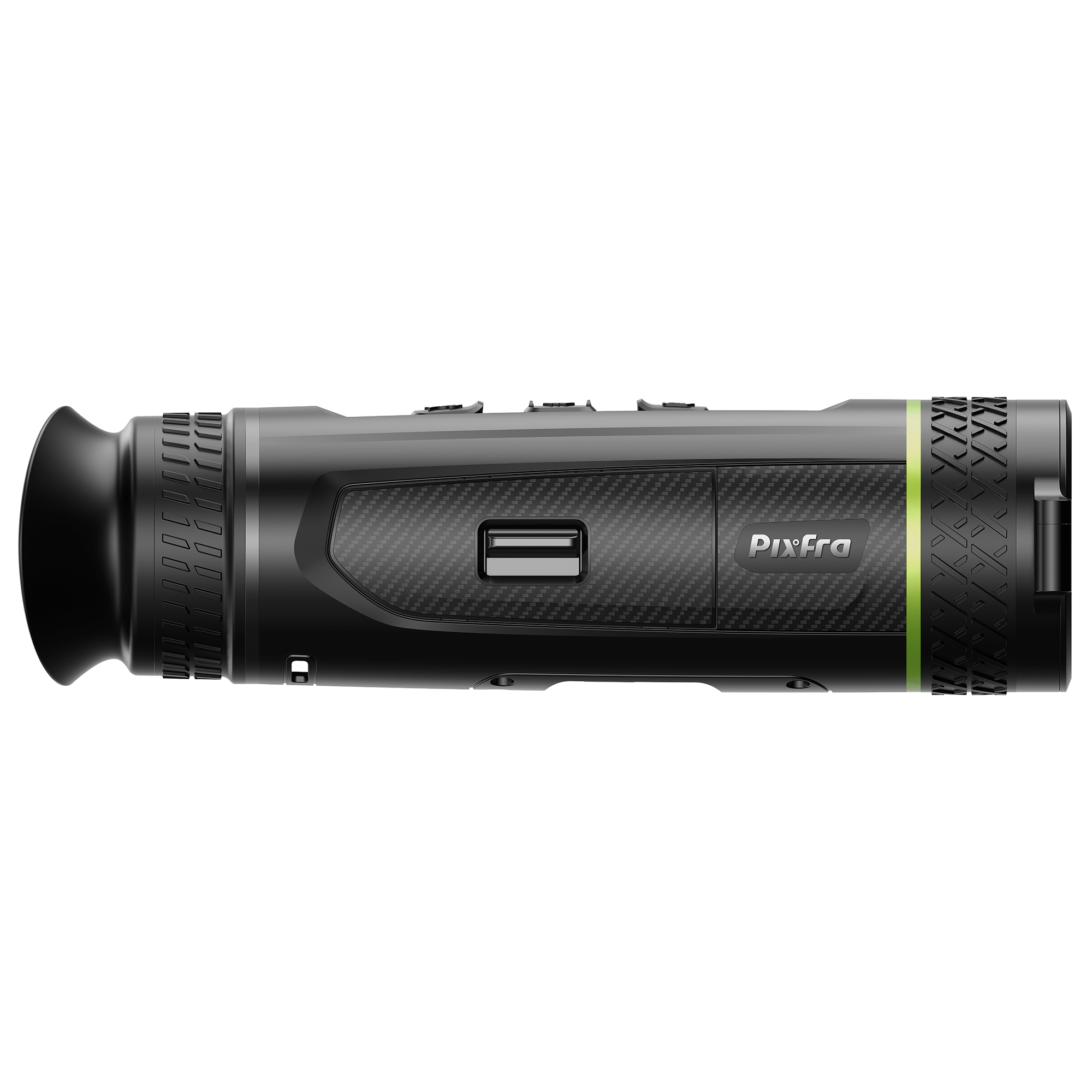 Un monocular térmico compacto, negro y gris, con el nombre 'Pixfra'.