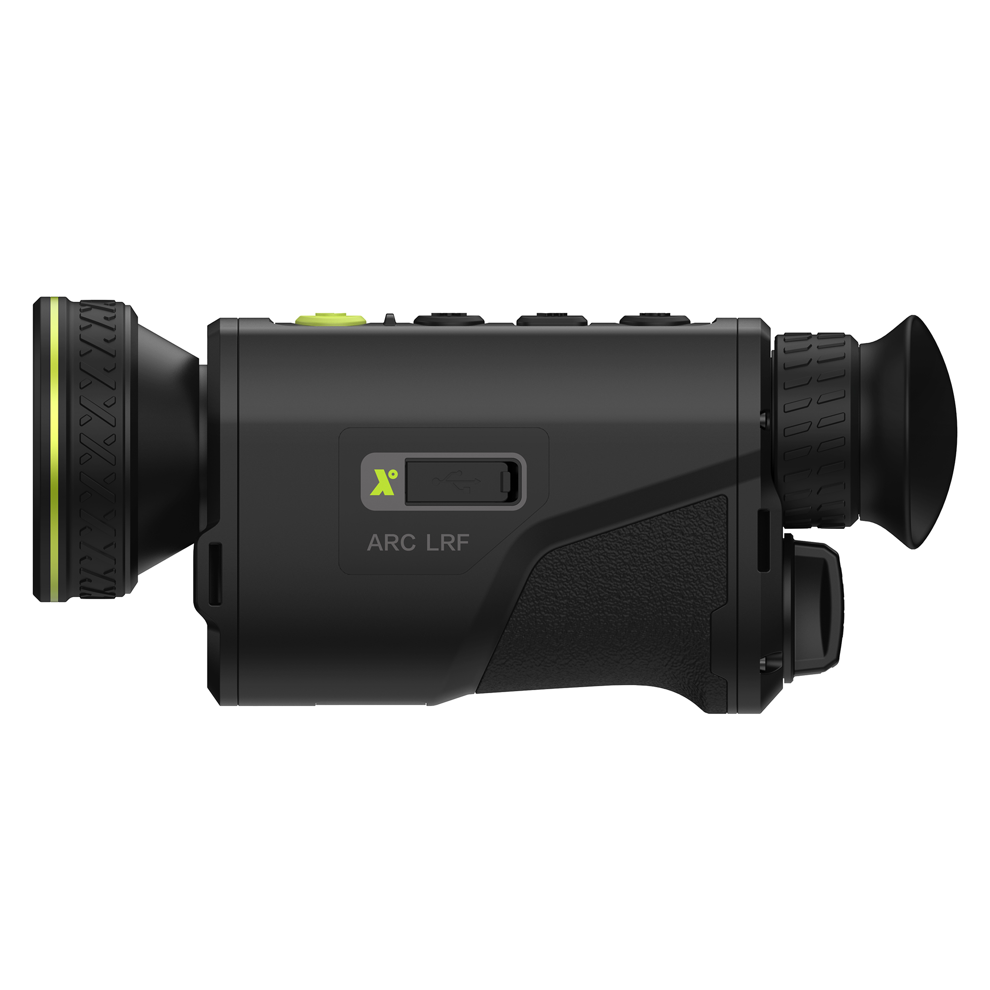 Un dispositivo de imagen térmica portátil negro y verde con una lente y botones.