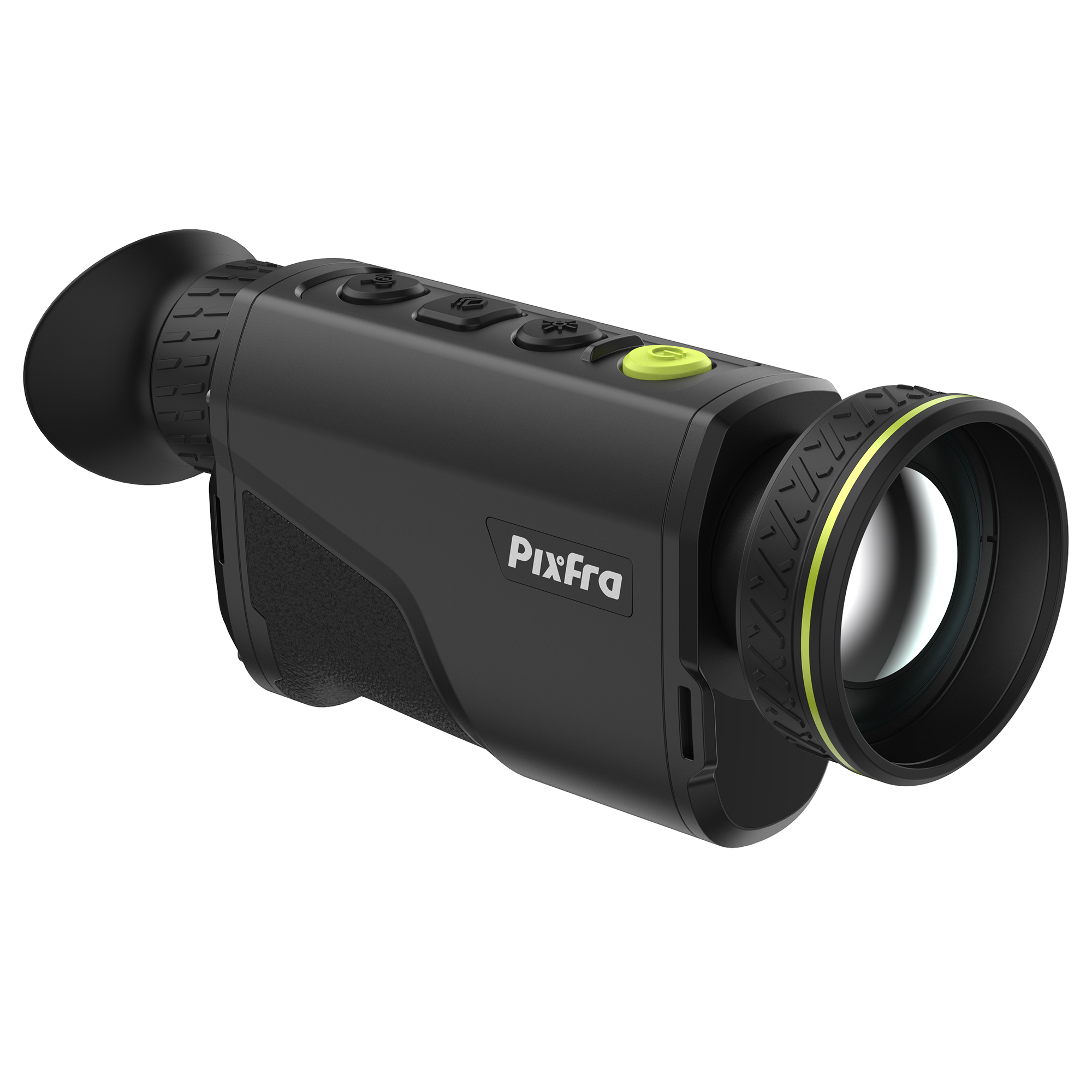 Un dispositivo monocular térmico portátil negro y verde, con una lente y botones.