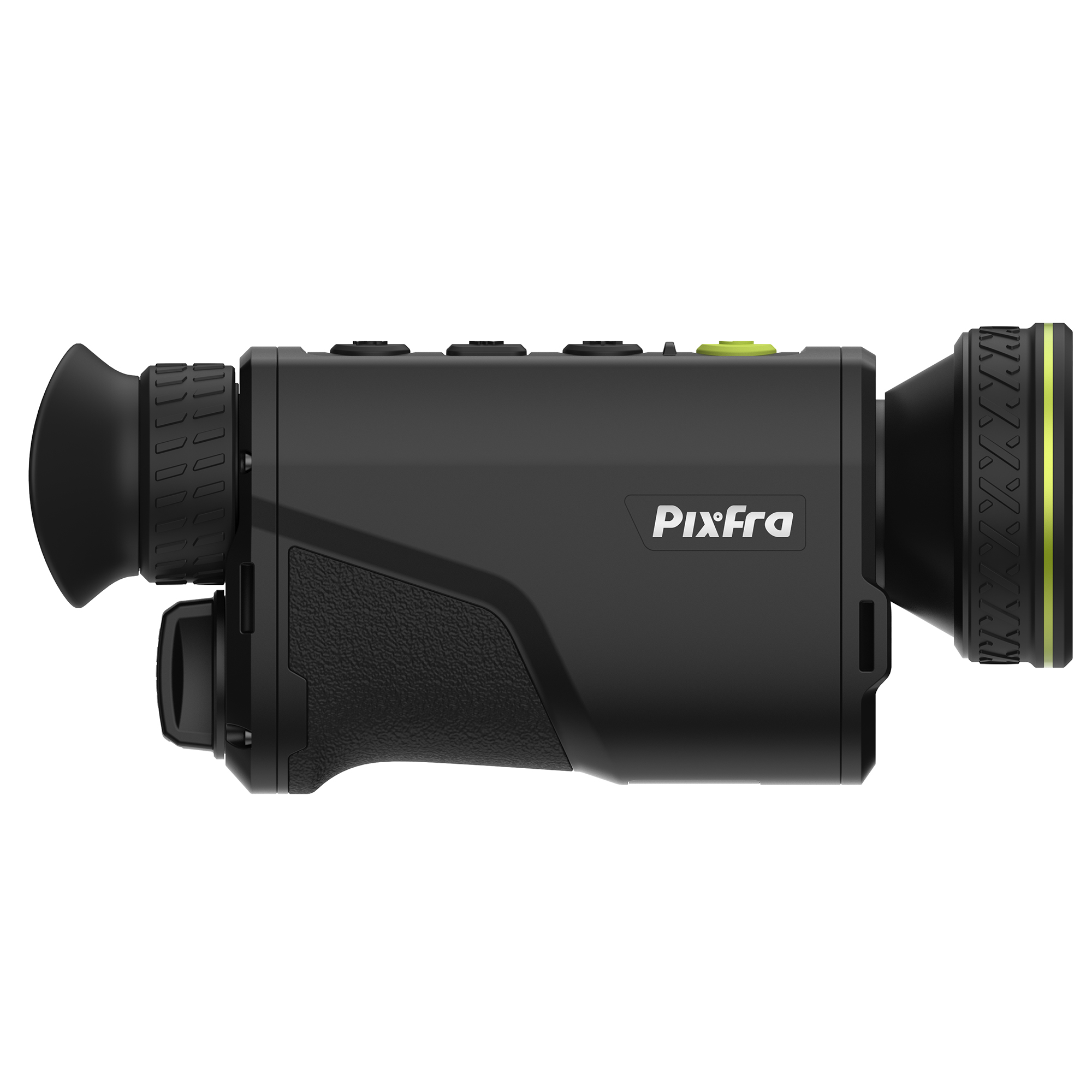 Un dispositivo de visión nocturna negro con múltiples botones y un botón verde, con una lente al final.