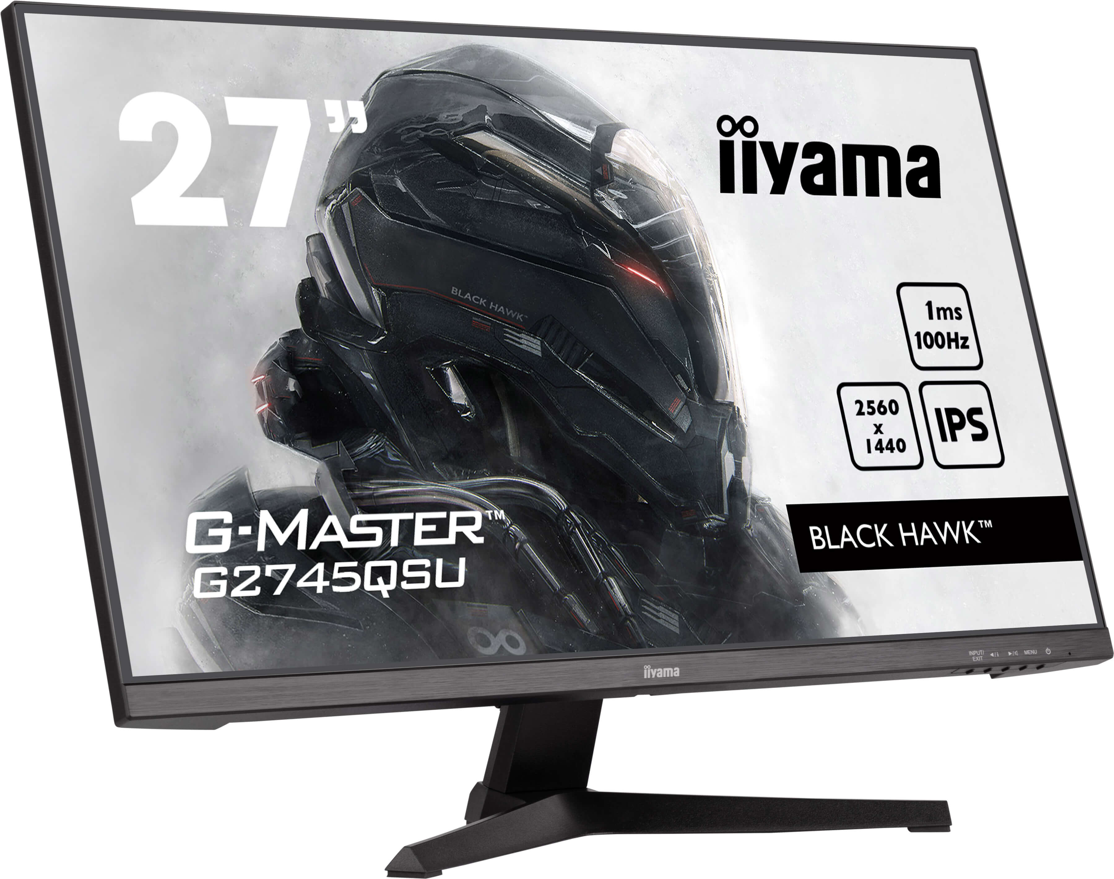 27-calowy czarny monitor z logo iiyama i G-MASTER, tekstem i grafiką.