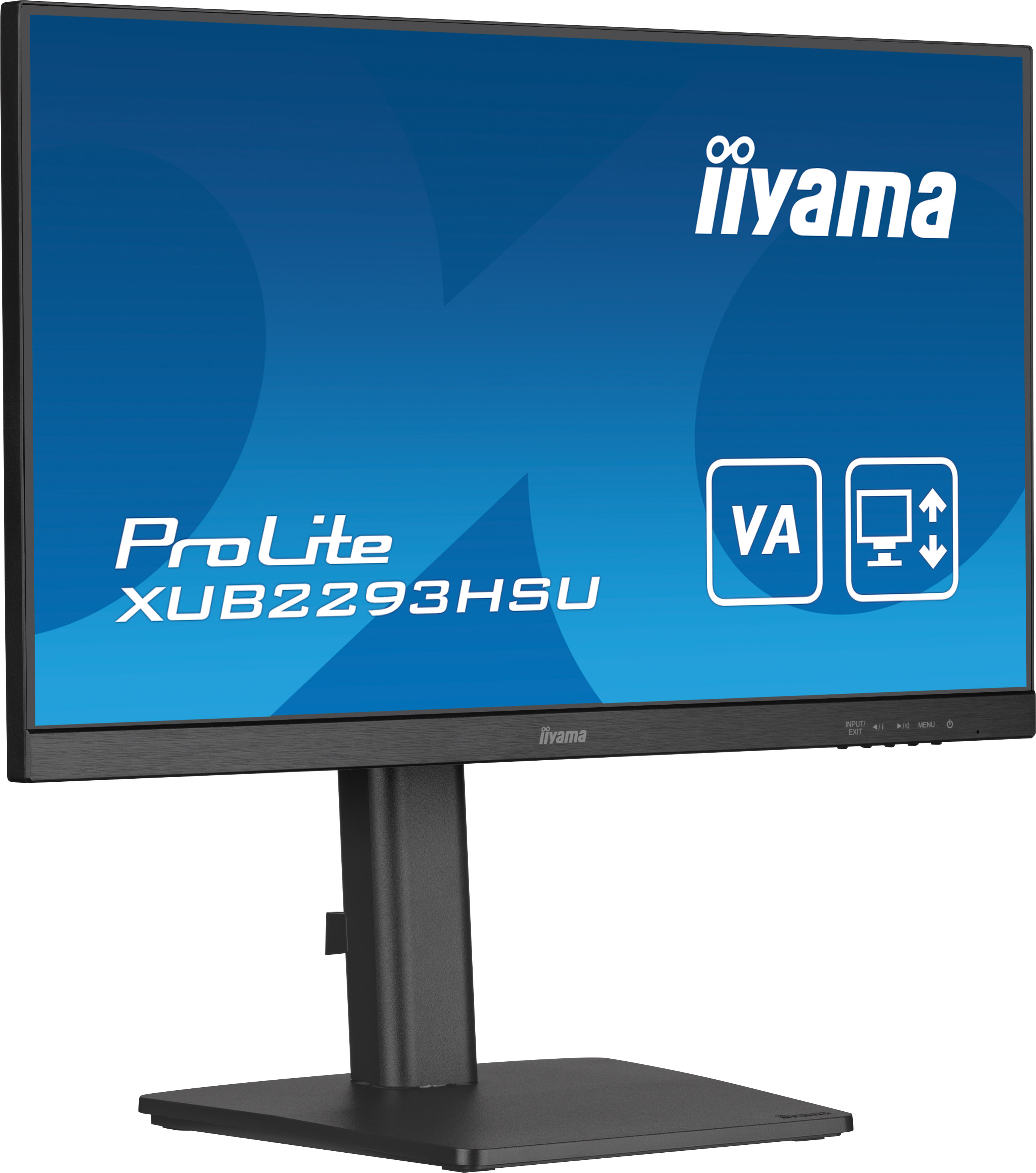 Monitor Iiyama ProLite, czarna ramka, niebieskie tło, biały tekst.