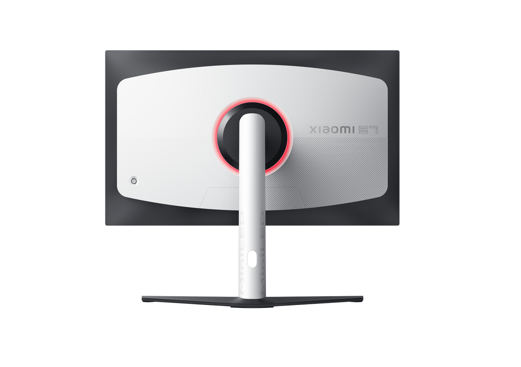 Tył białego monitora komputera ze stojakiem i świecącym na czerwono okręgiem.