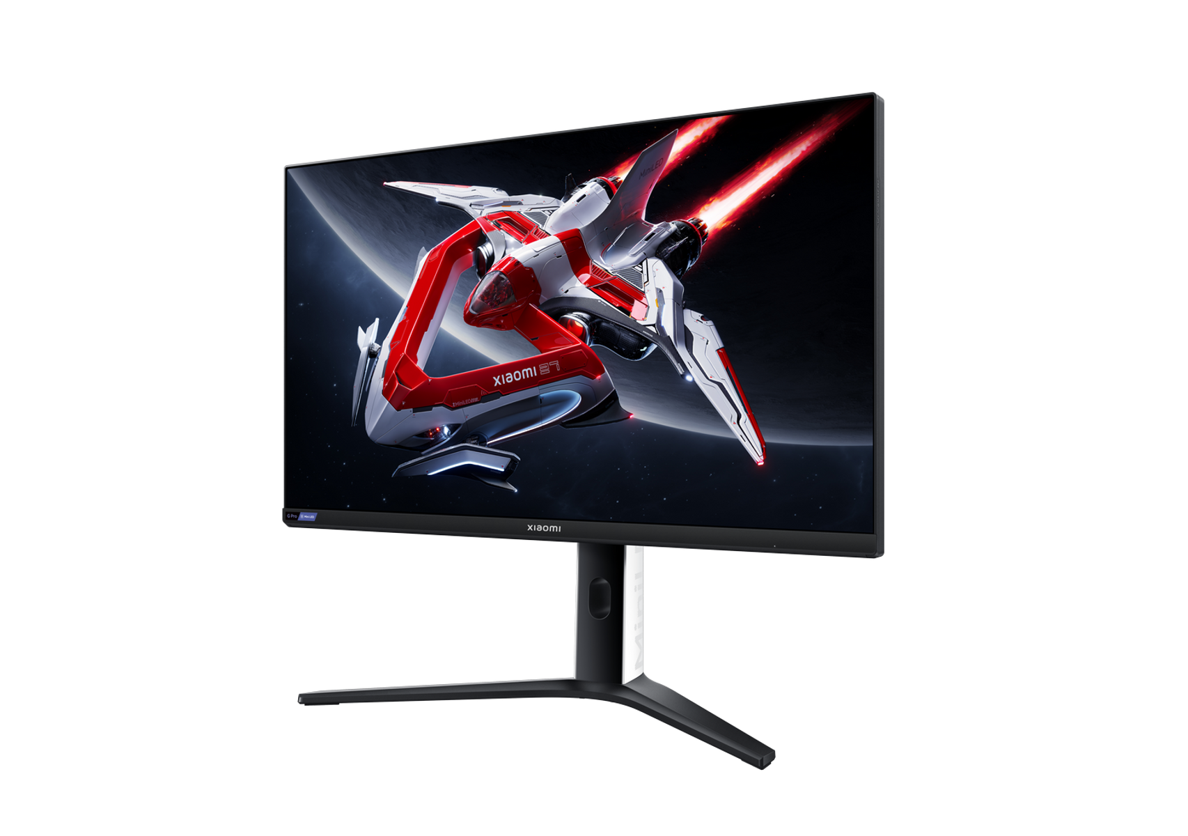 Monitor komputera wyświetla statek kosmiczny w kosmosie. Czarny stojak, ciemne tło.