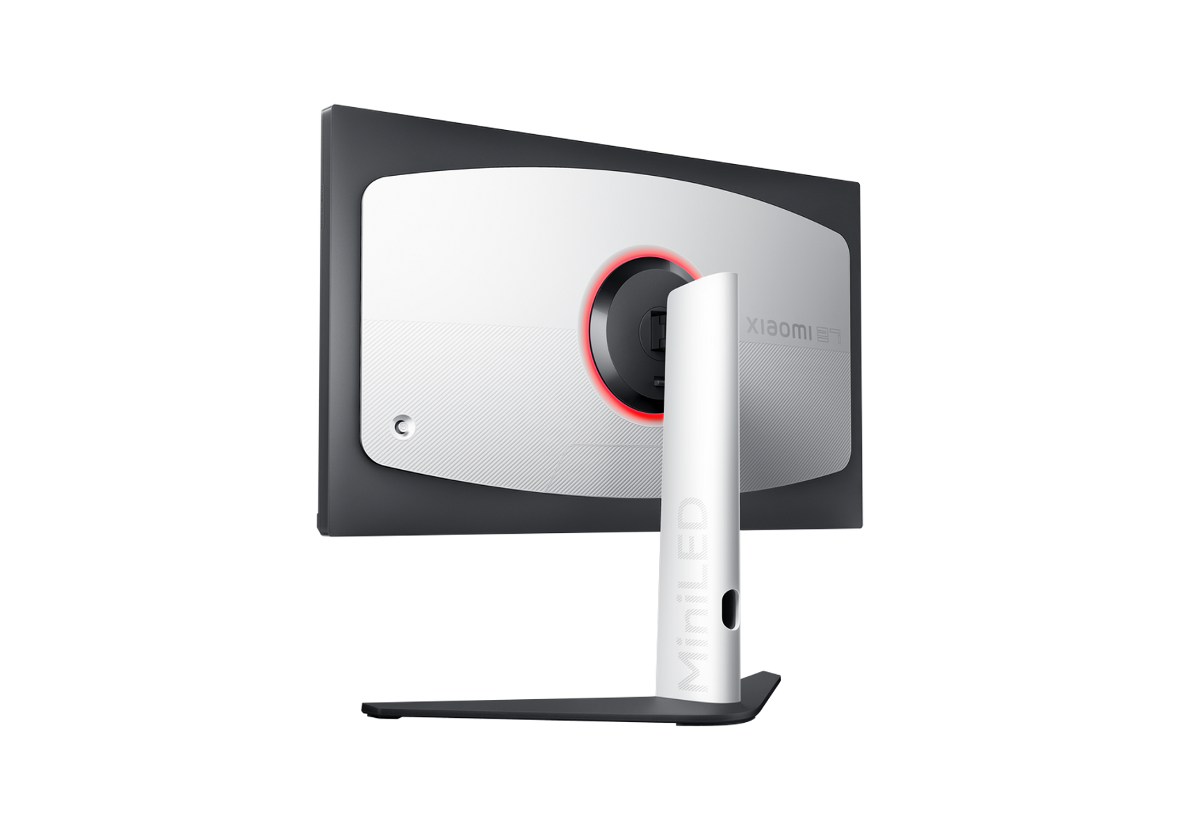 Tył monitora Xiaomi Mini LED, z czarną ramką i białą podstawą.