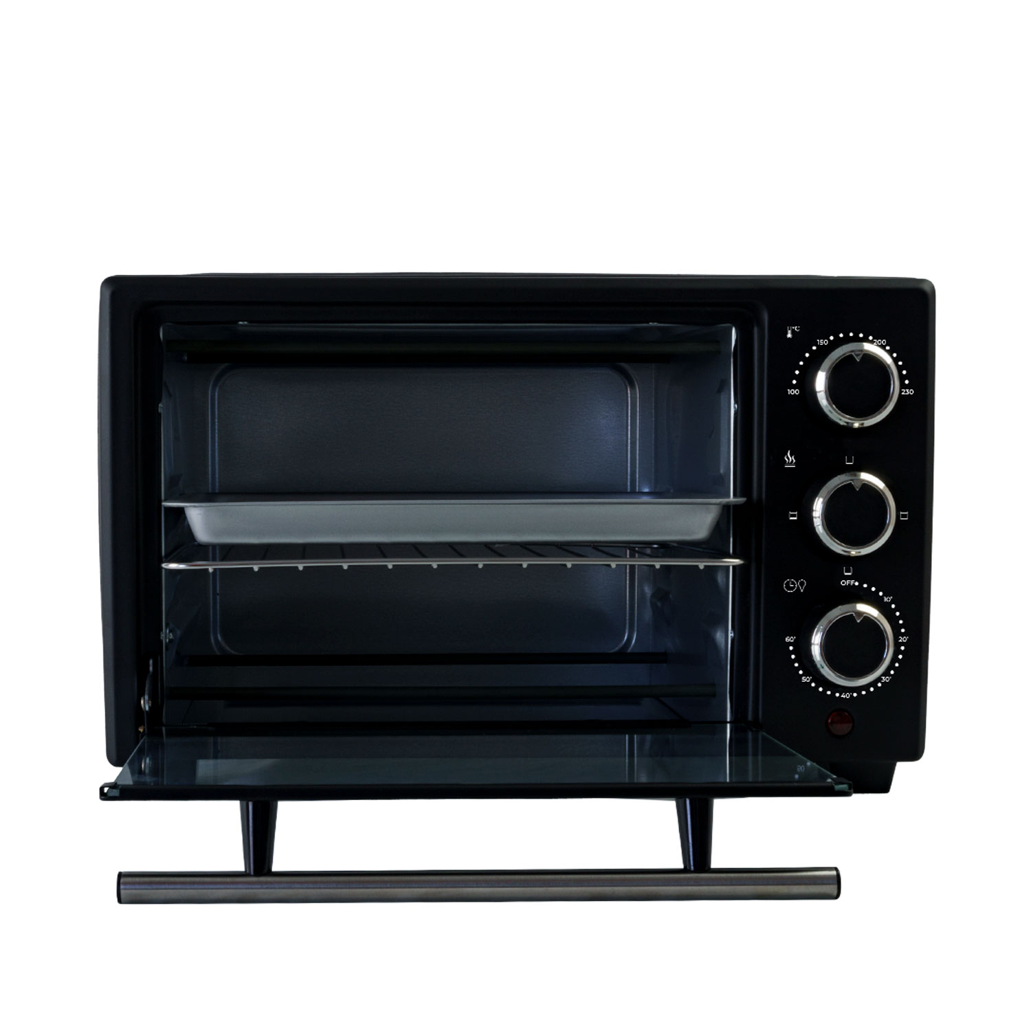 Forno nero con porta aperta, interno visibile, su sfondo bianco.