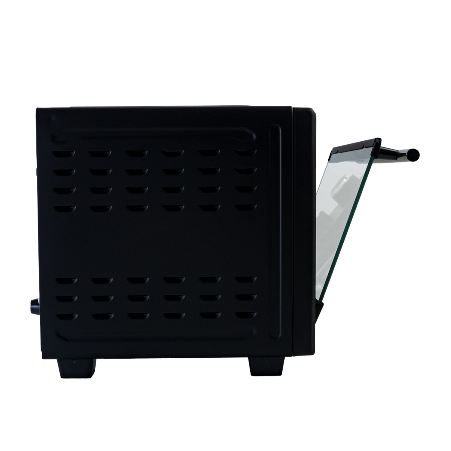 Un forno nero con la porta leggermente aperta.