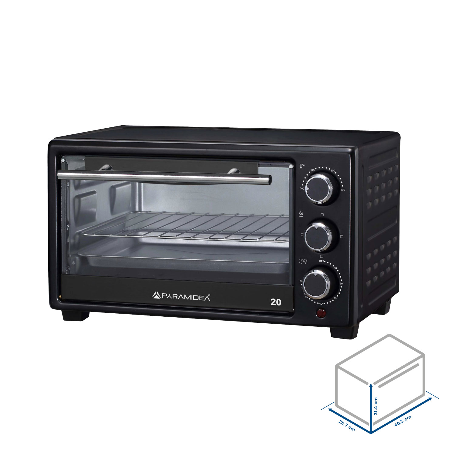 Forno nero Paramidea con porta a vetro, manopole e grafico delle dimensioni.