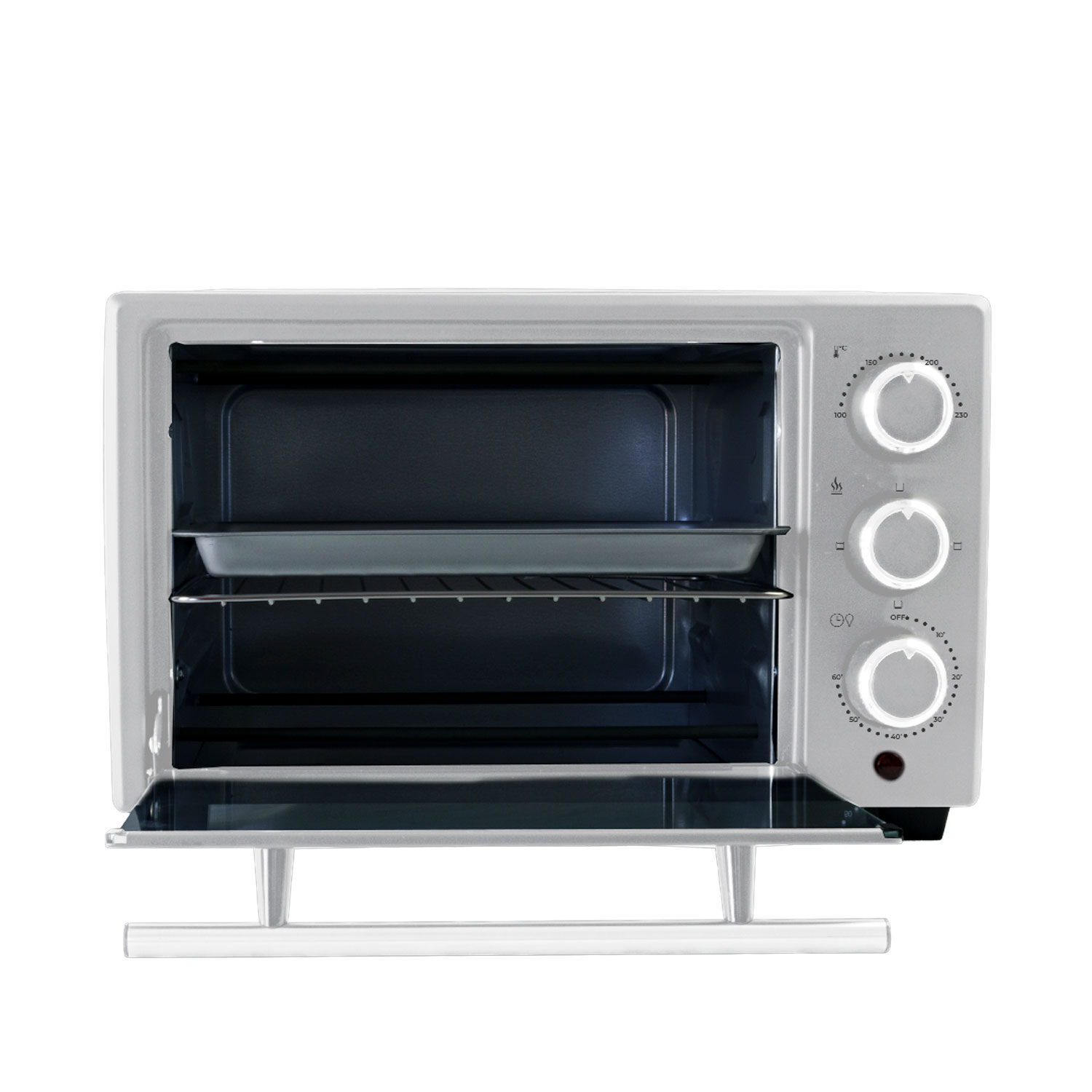 Un forno aperto. È argentato e ha una porta aperta, con un vassoio e un ripiano all'interno.
