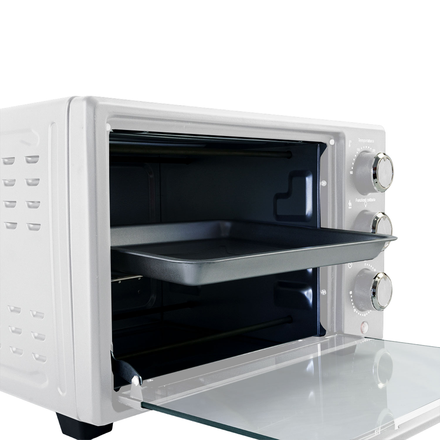 Forno bianco, porta aperta. Vassoio visibile all'interno. Manopole a destra.