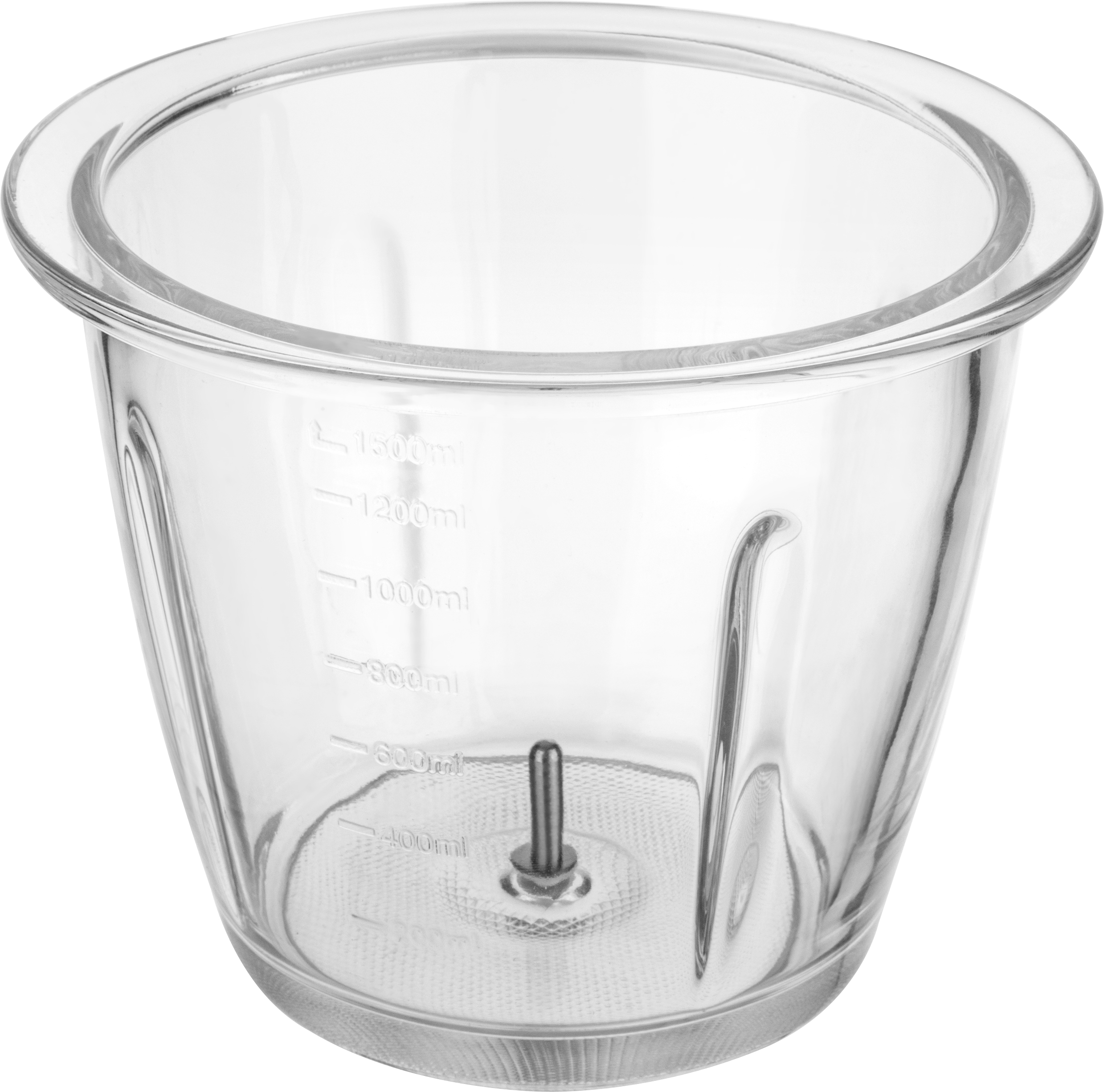 Ein klarer Glas-Mixbehälter mit Messungen an der Seite.