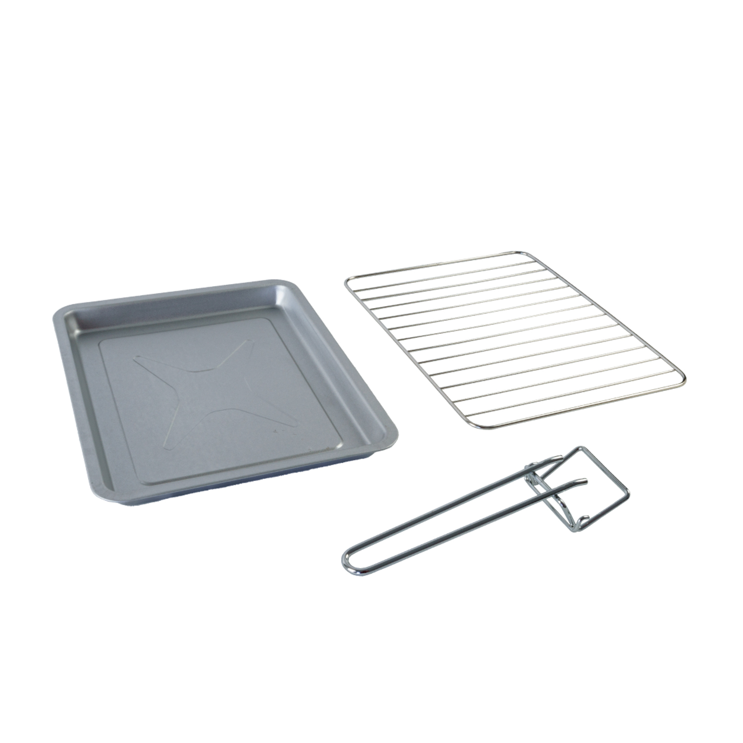 Accessori per forno. Sono visibili un vassoio, una griglia e una maniglia per rimuovere la griglia.