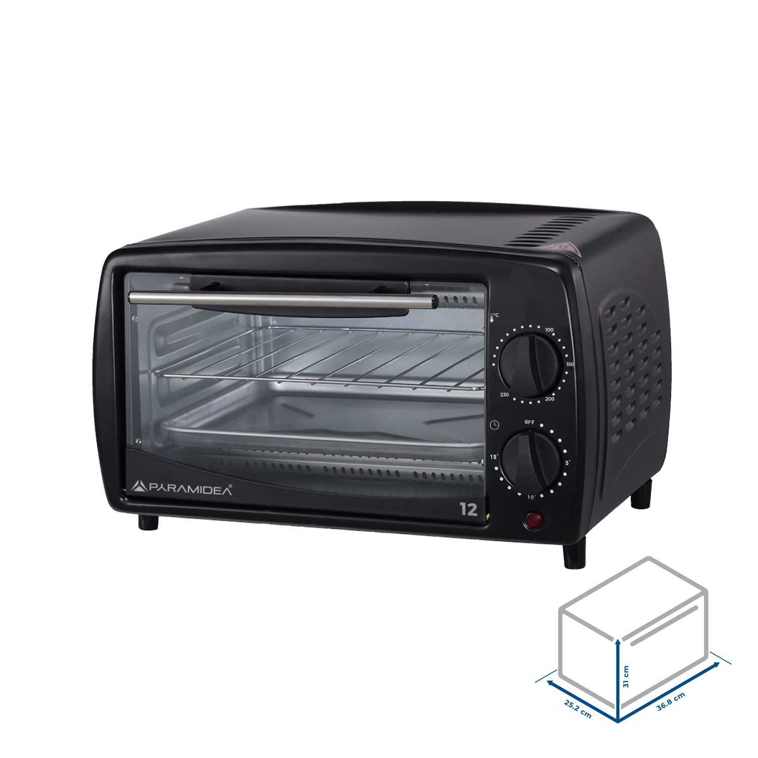 Forno Paramidea nero con manopole, porta a vetro e diagramma delle dimensioni.