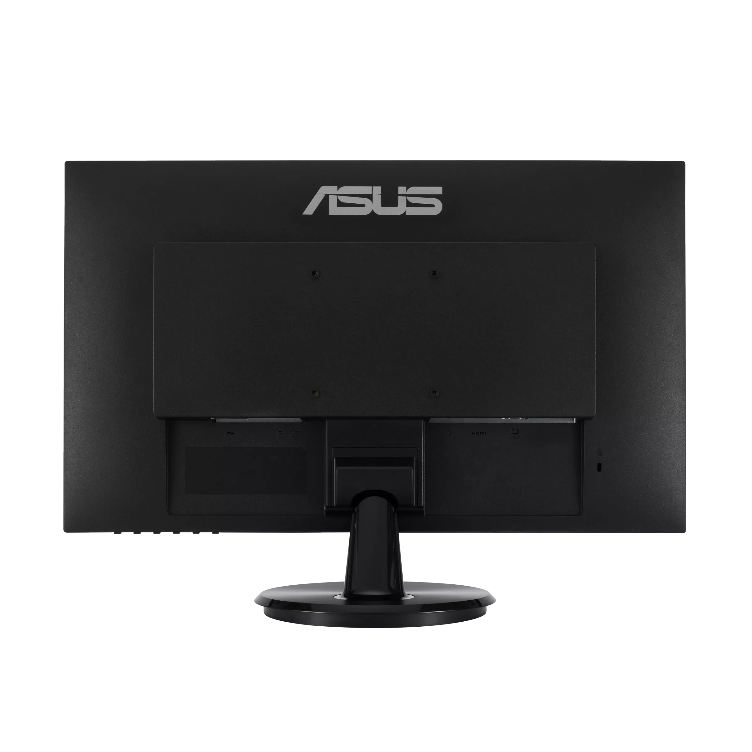 The back of a black computer monitor with the ASUS logo and ports.