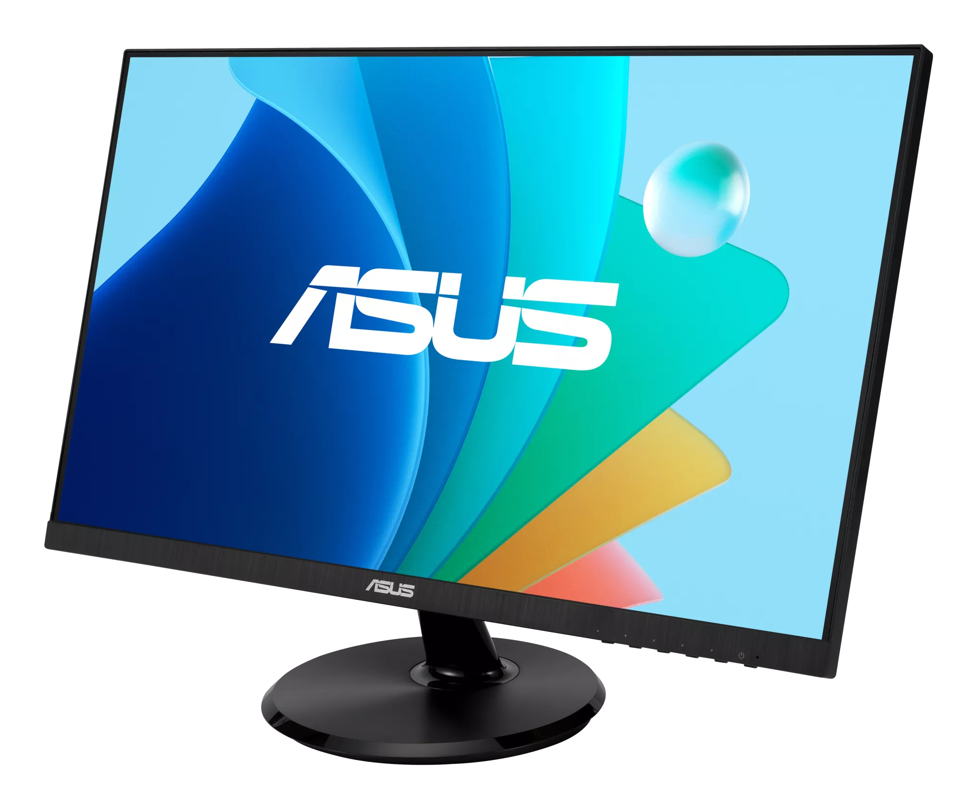 Black ASUS monitor, displaying a blue and white abstract background, on a black stand.