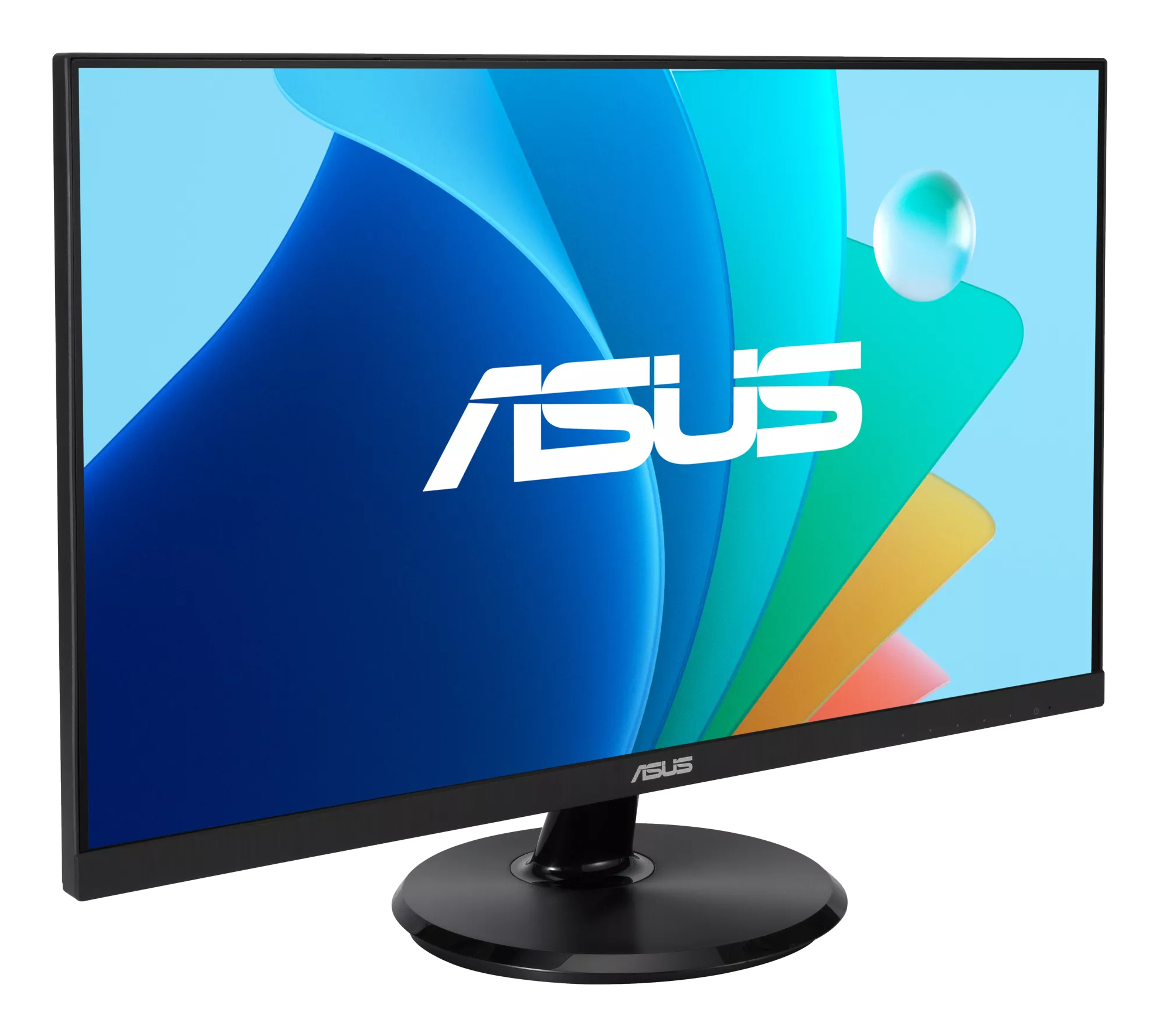 ASUS monitor with a black frame. The screen displays the ASUS logo with abstract blue and green shapes.