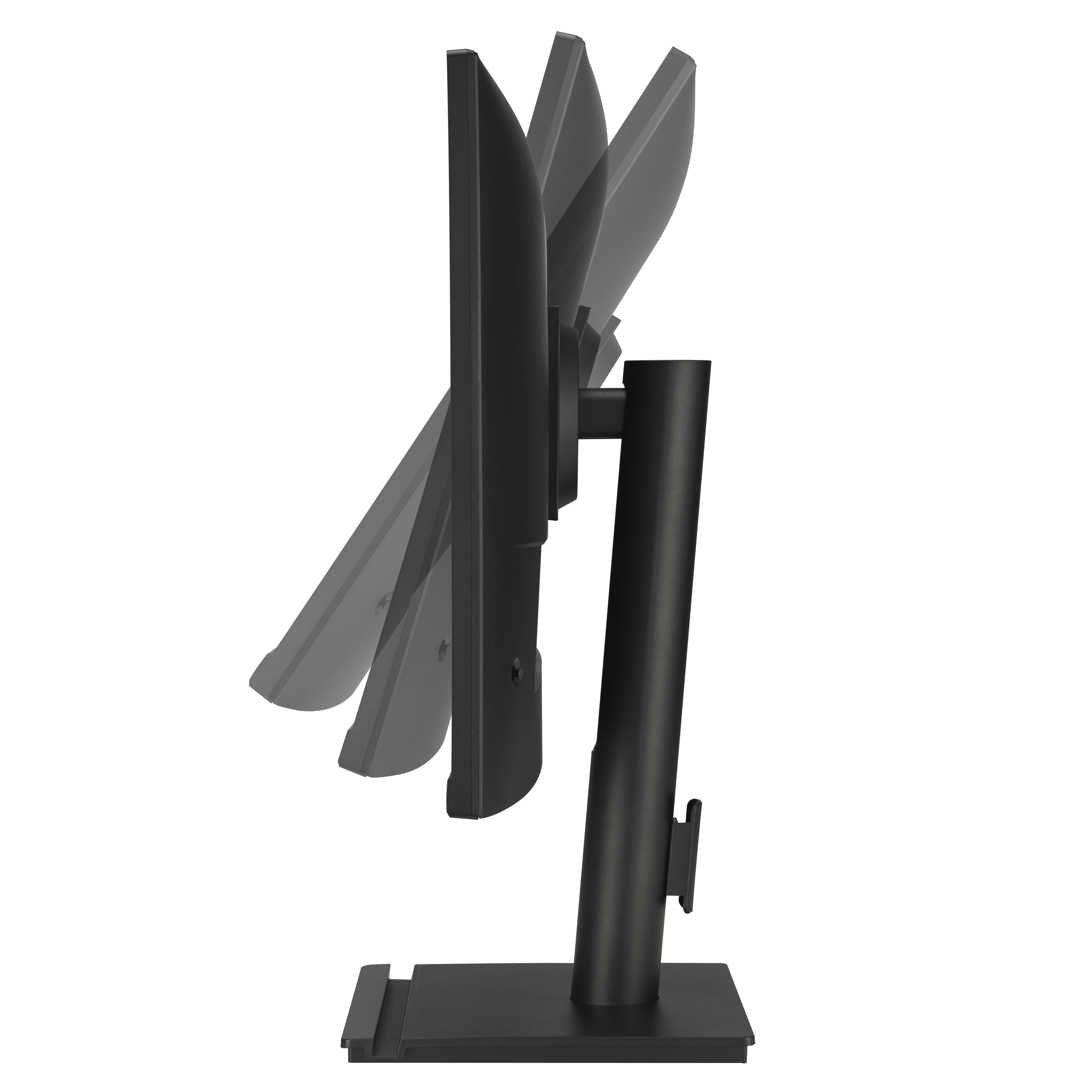 Widok z boku czarnego monitora z regulowanym nachyleniem i czarną podstawą.