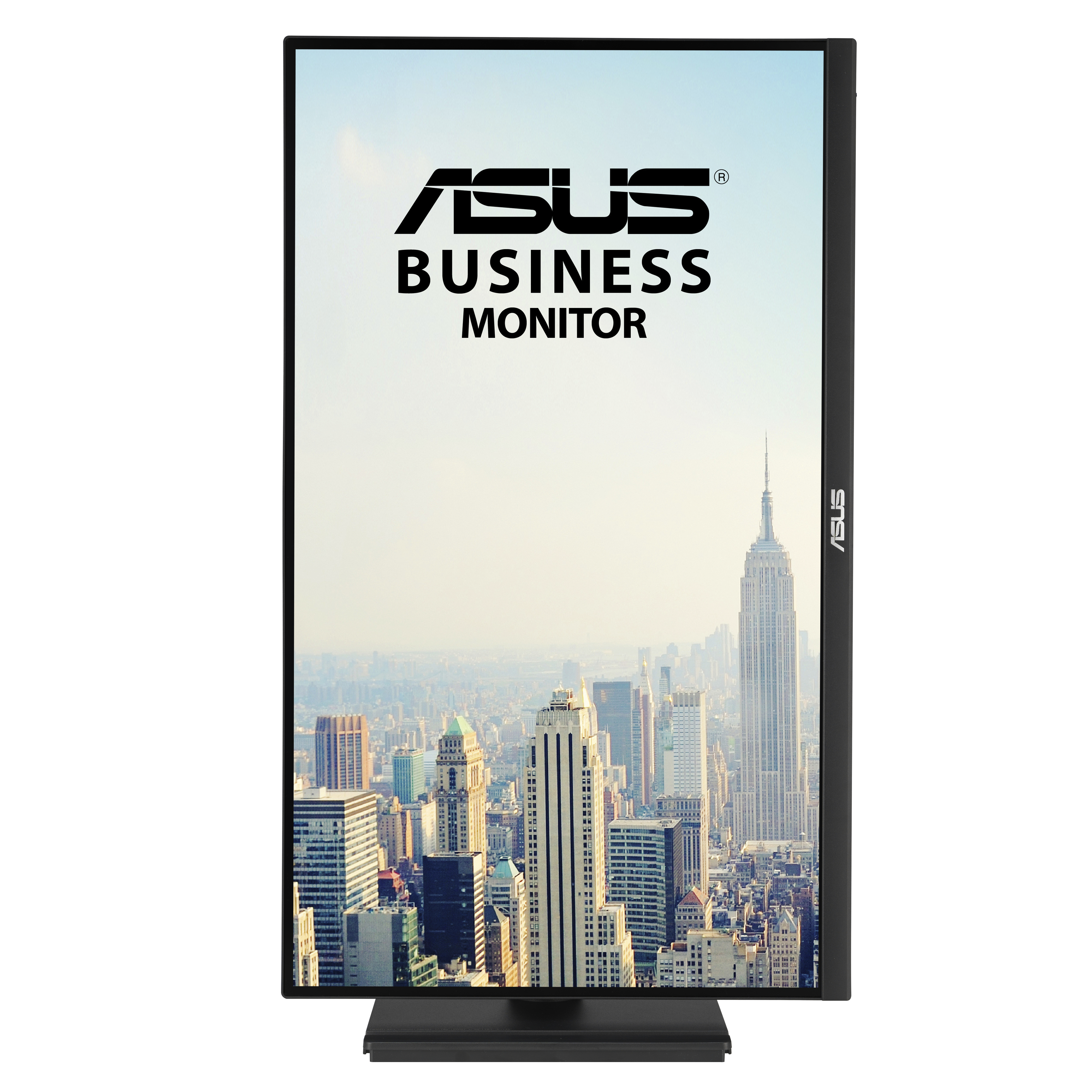 Monitor ASUS Business z logo i panoramą miasta na ekranie, czarna ramka, białe tło.