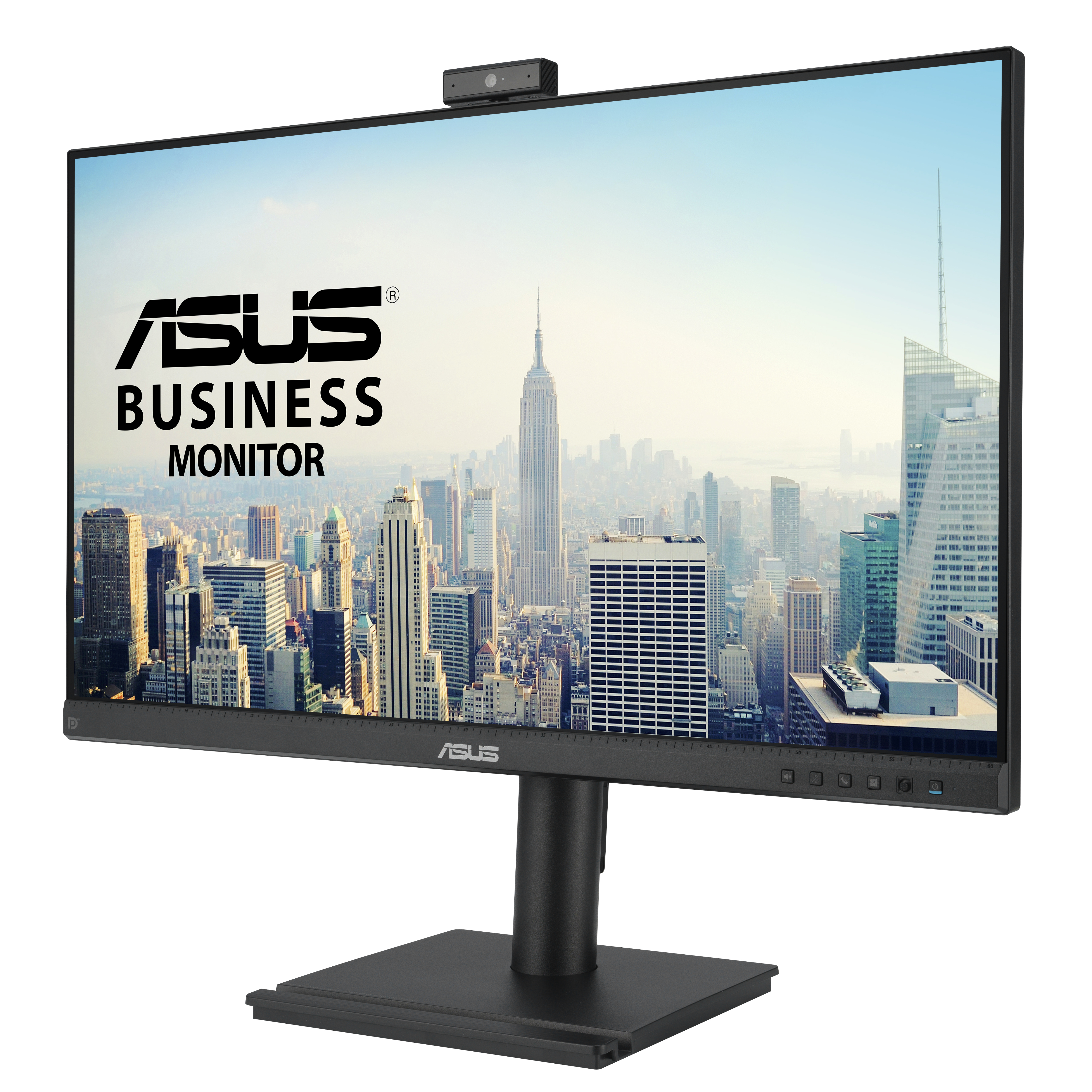 Monitor ASUS Business z kamerą internetową, pokazujący panoramę miasta.
