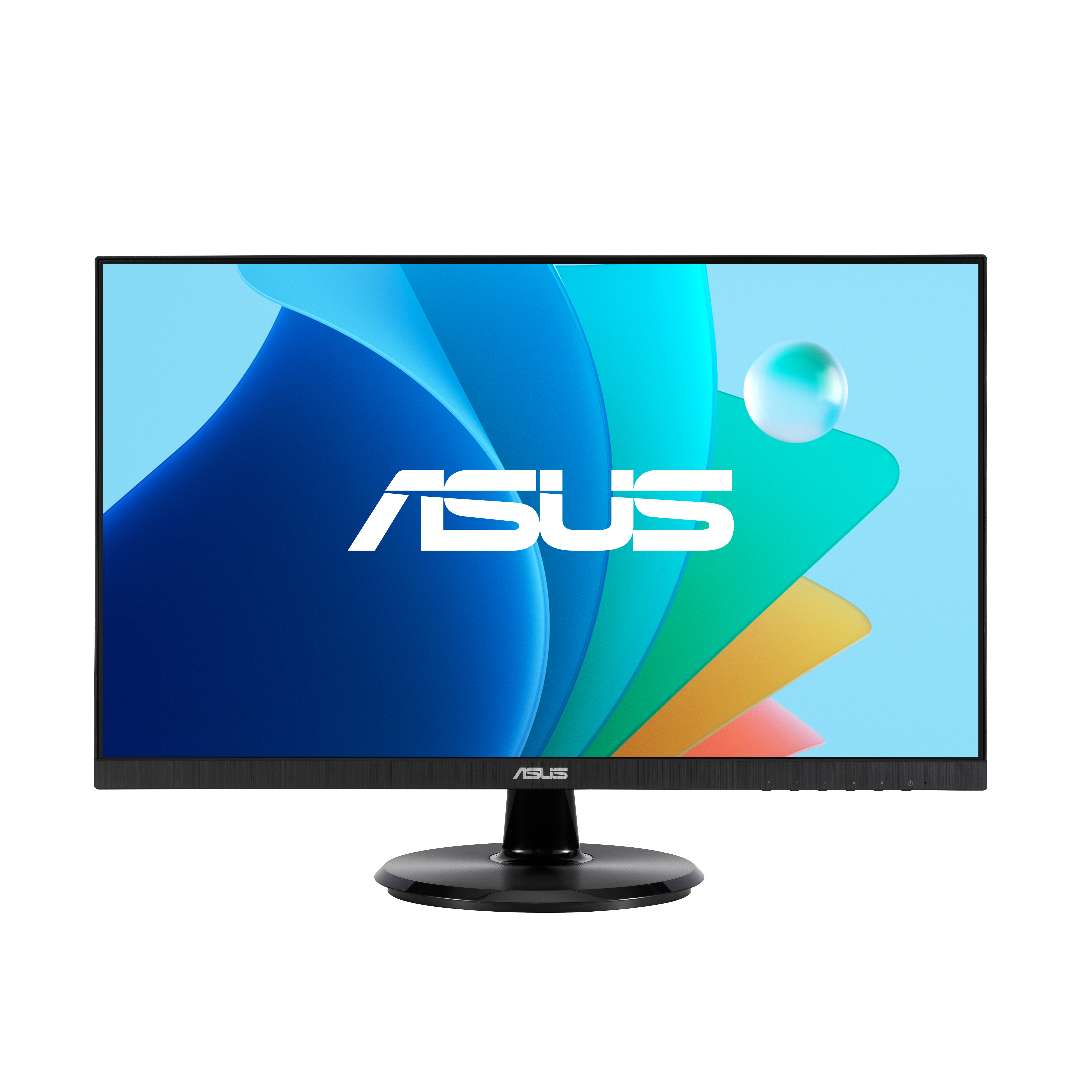 Mavi ve soyut bir arka plana ve siyah bir standa sahip bir ASUS monitör.