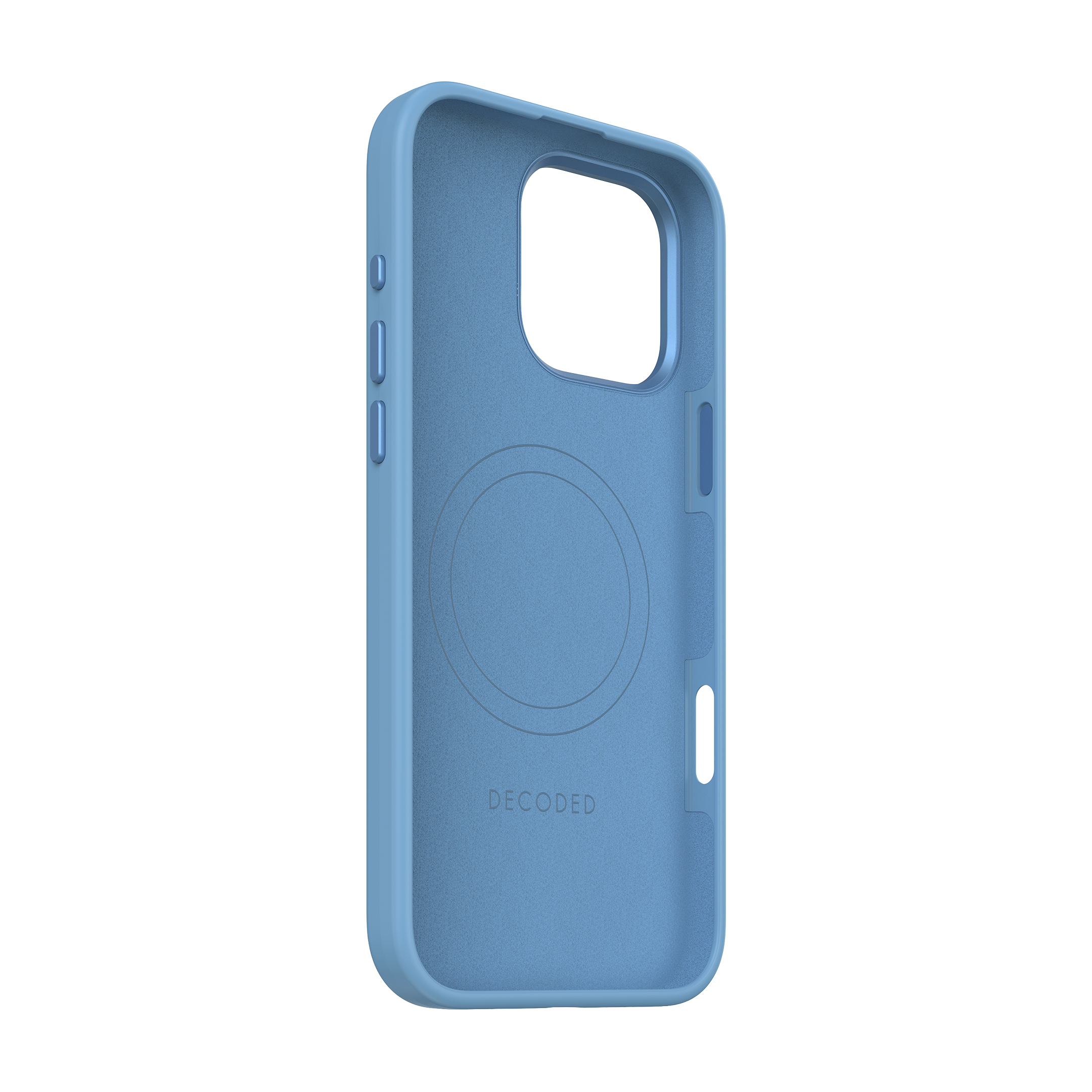 Een lichtblauwe telefoonhoes met uitsparingen voor camera en knoppen.