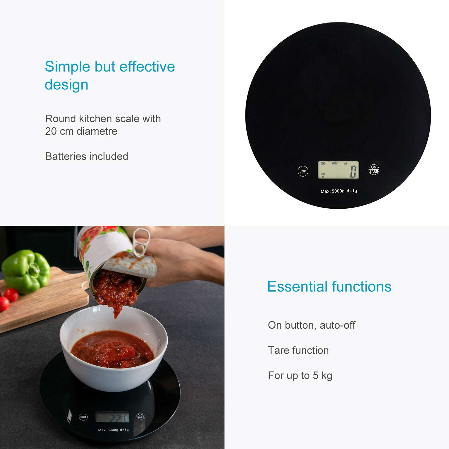 Schwarze digitale Küchenwaage mit Schüssel und Tomatendose. Einfaches Design.