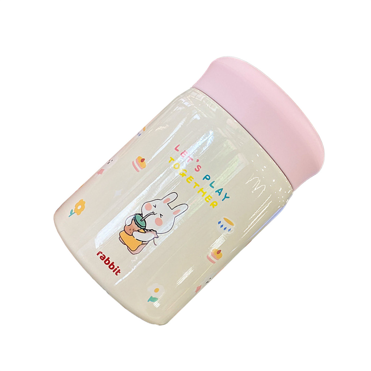 Ein weißer und rosa Isolierbecher mit Kaninchen-Design, vor weißem Hintergrund.