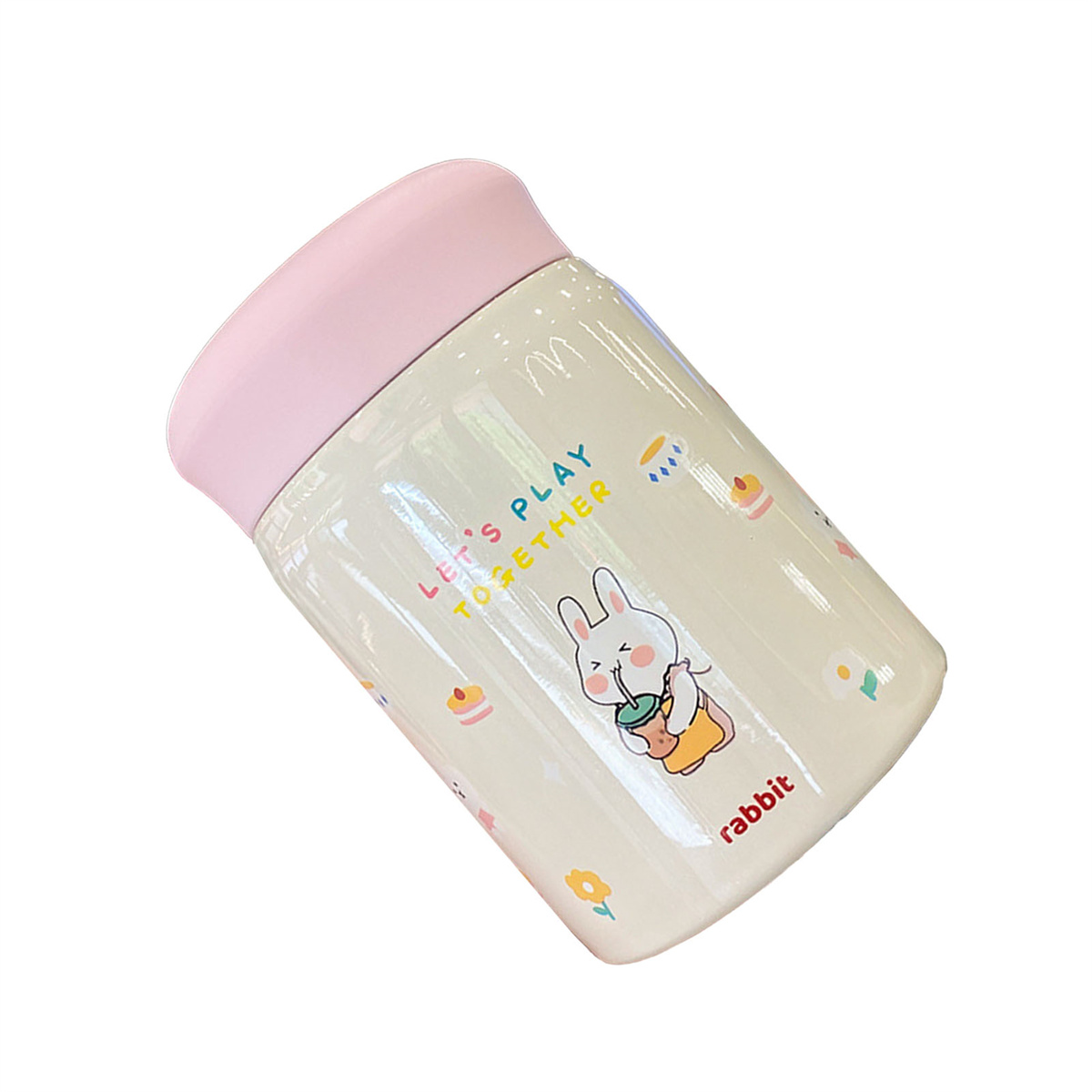 Ein kleiner weiß-rosa Becher mit Kaninchen-Illustration und Text.