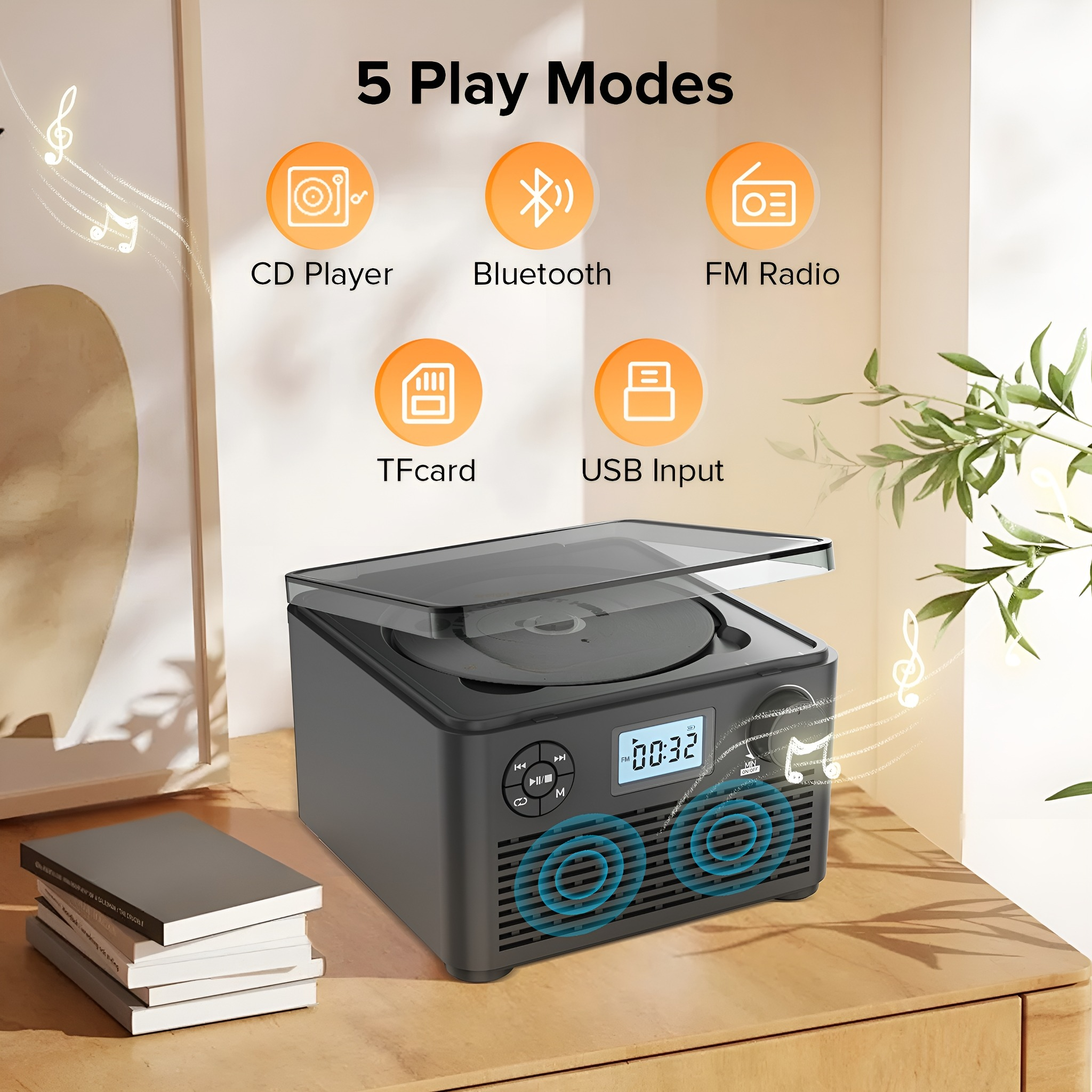 Ein schwarzer CD-Player mit 5 Wiedergabemodi. Das Display zeigt '00:32'. Dekorative Noten sind im Hintergrund.