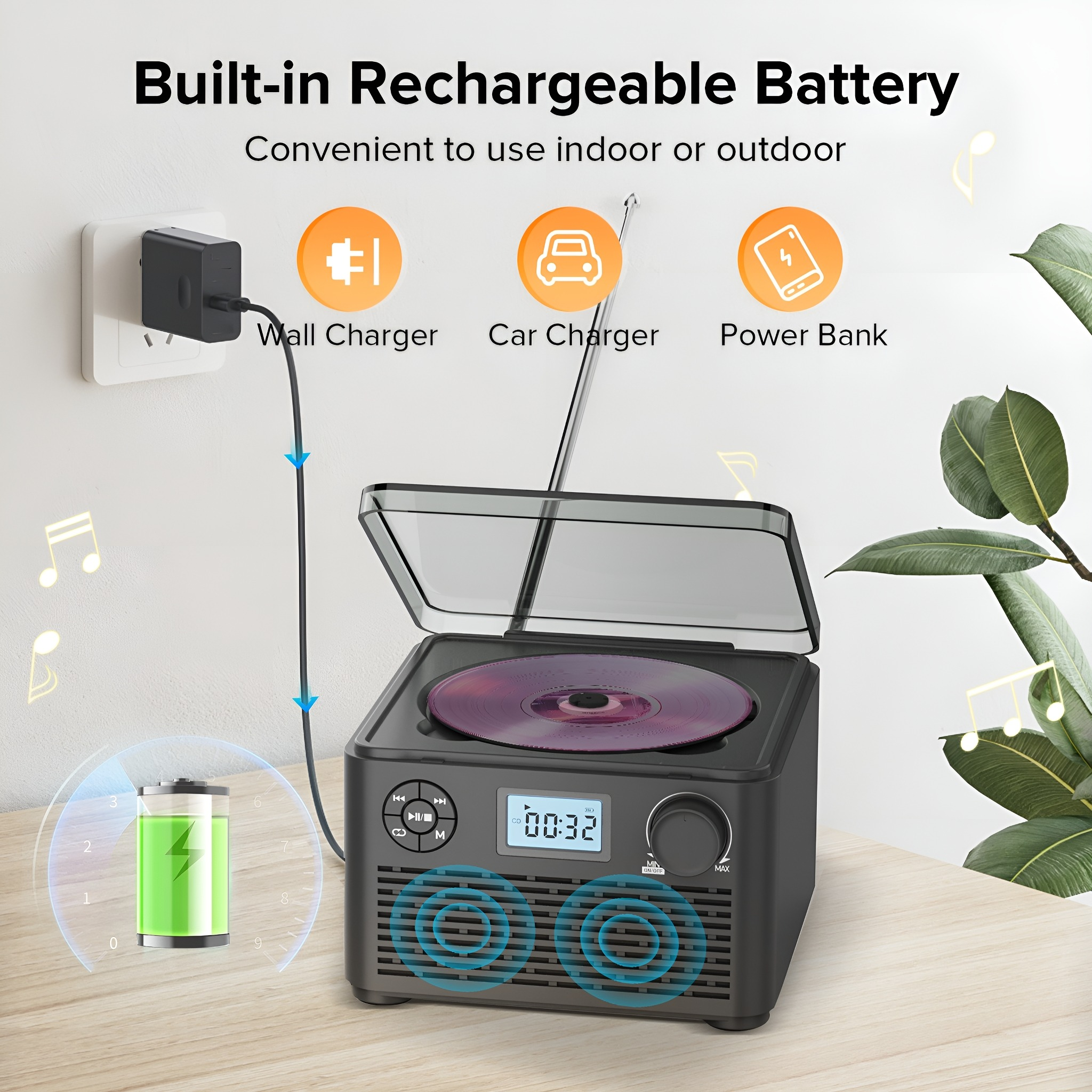 Schwarzer CD-Player im Retro-Stil mit Ladeoptionen und einem Batteriesymbol auf Holzoberfläche.
