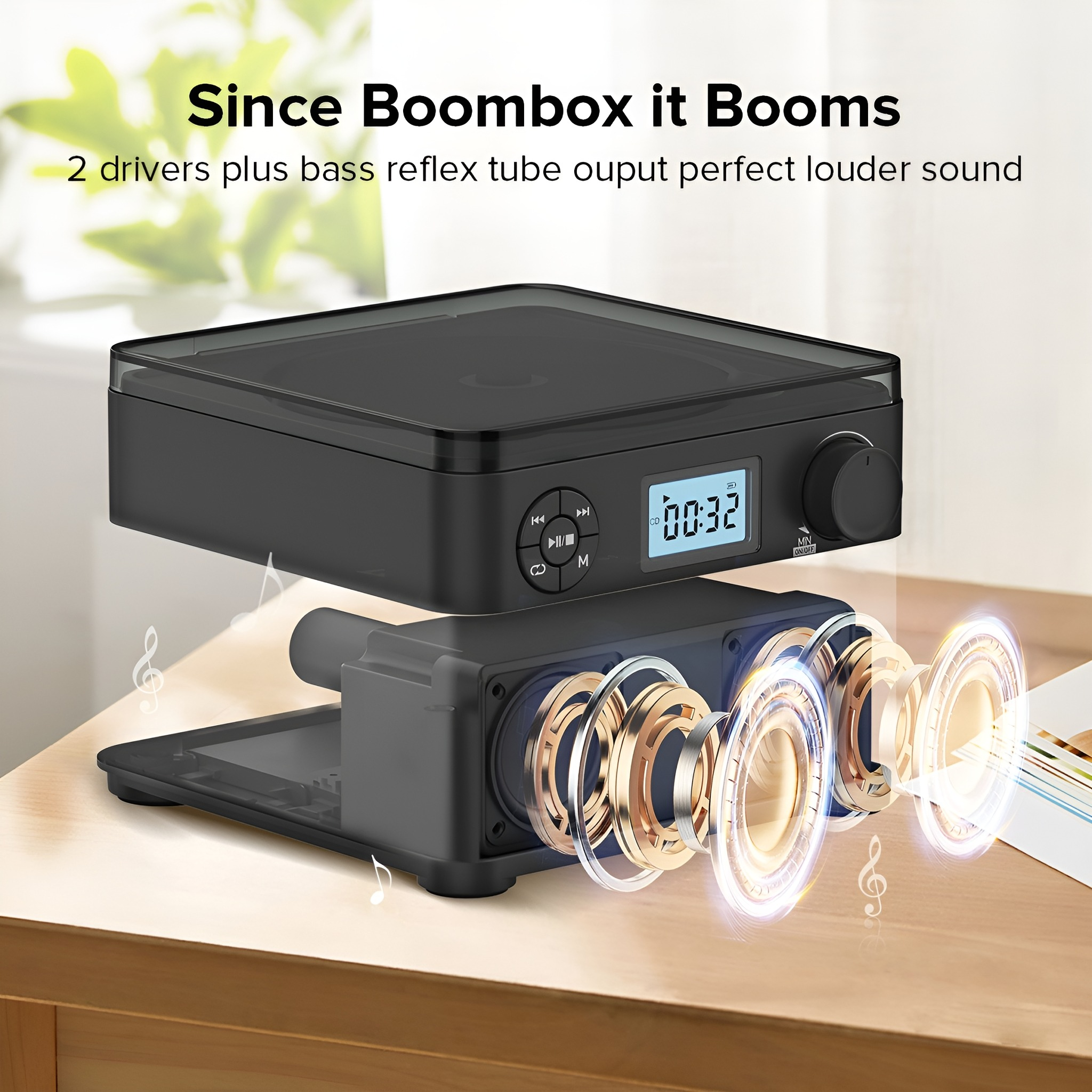Schwarze Boombox mit leuchtenden Lautsprechern. Text: 'Since Boombox it Booms'.
