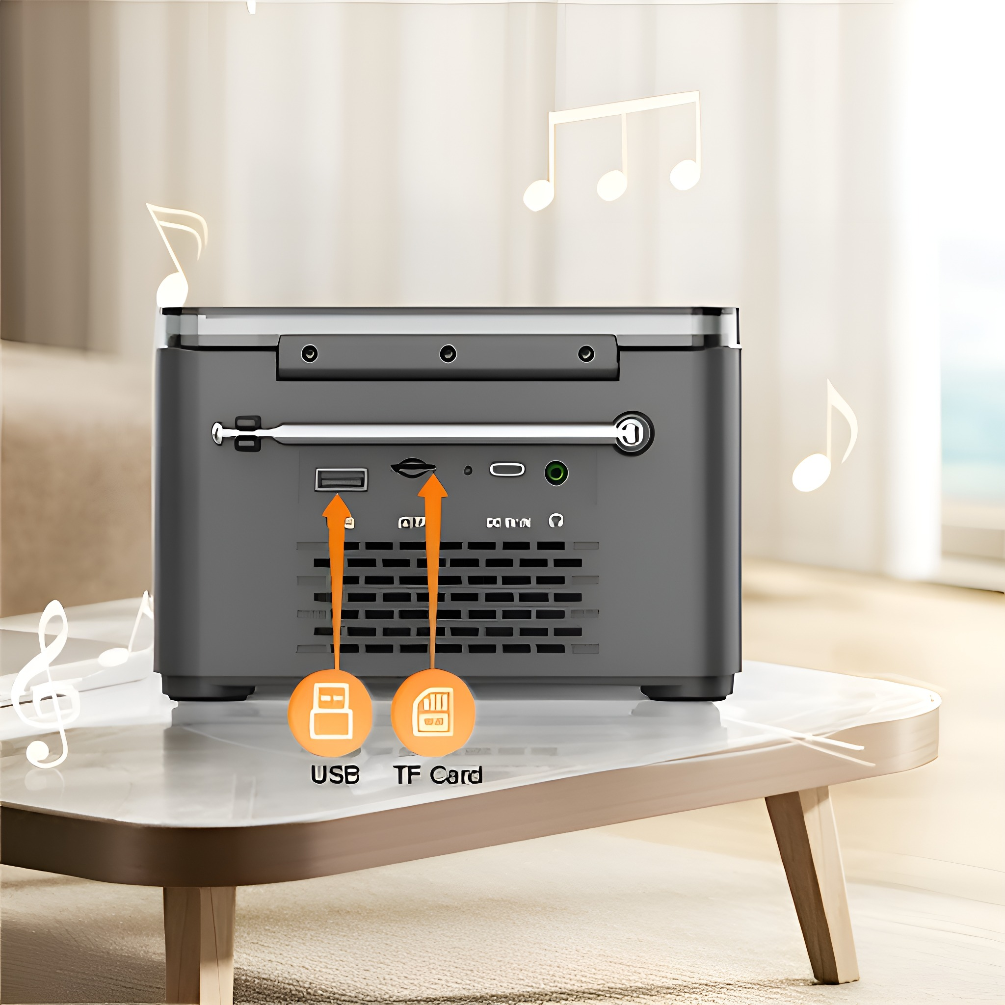 Radio mit USB- und TF-Kartenanschlüssen, Noten und einem Tisch in einem Raum.