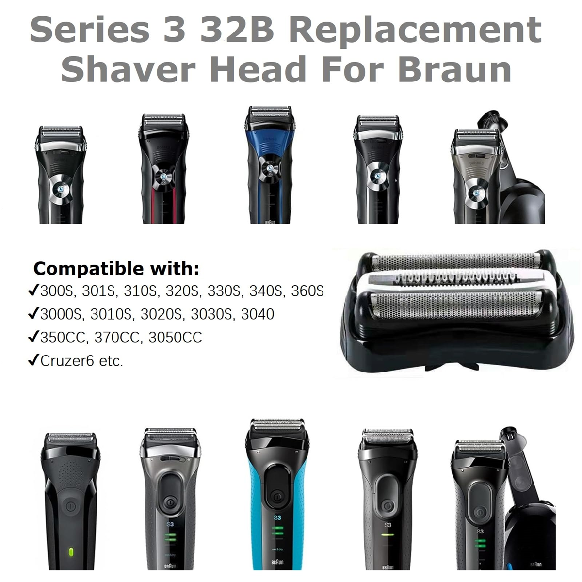 Mehrere Rasierköpfe für Braun Series 3. Eine Auswahl an Rasierern wird gezeigt, mit Ersatzköpfen.