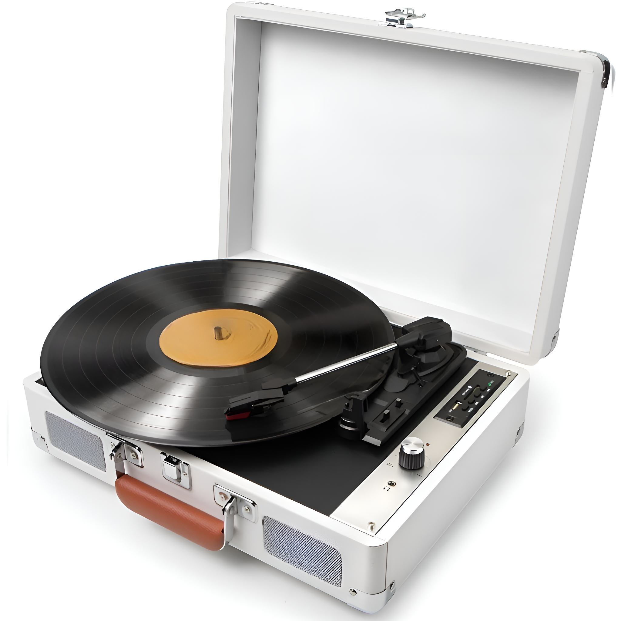 Weißer Vintage-Plattenspieler mit einer schwarzen Vinyl-Schallplatte auf dem Plattenteller.