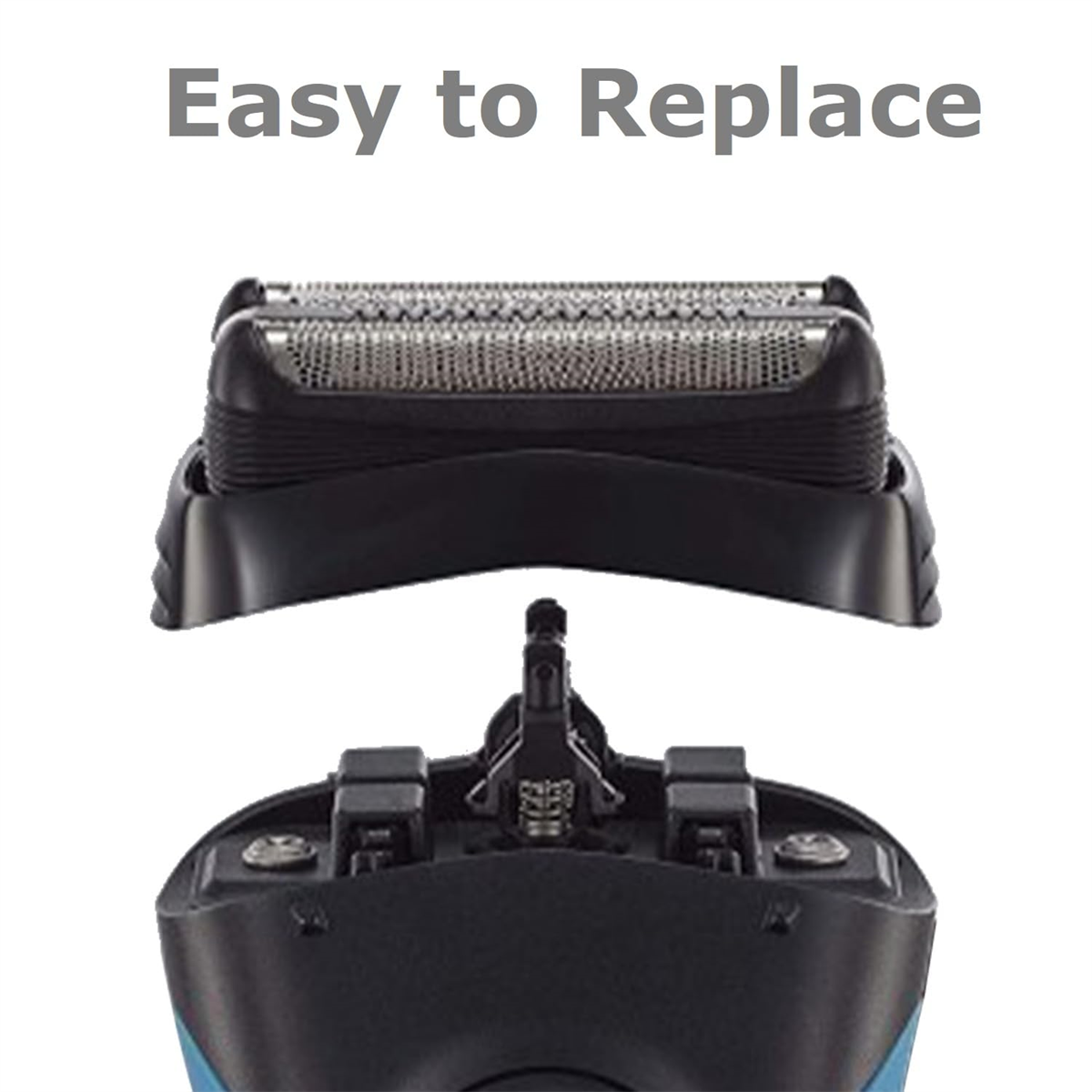 Nahaufnahme eines Rasiererkopfes und des Mechanismus, mit 'Easy to Replace'.